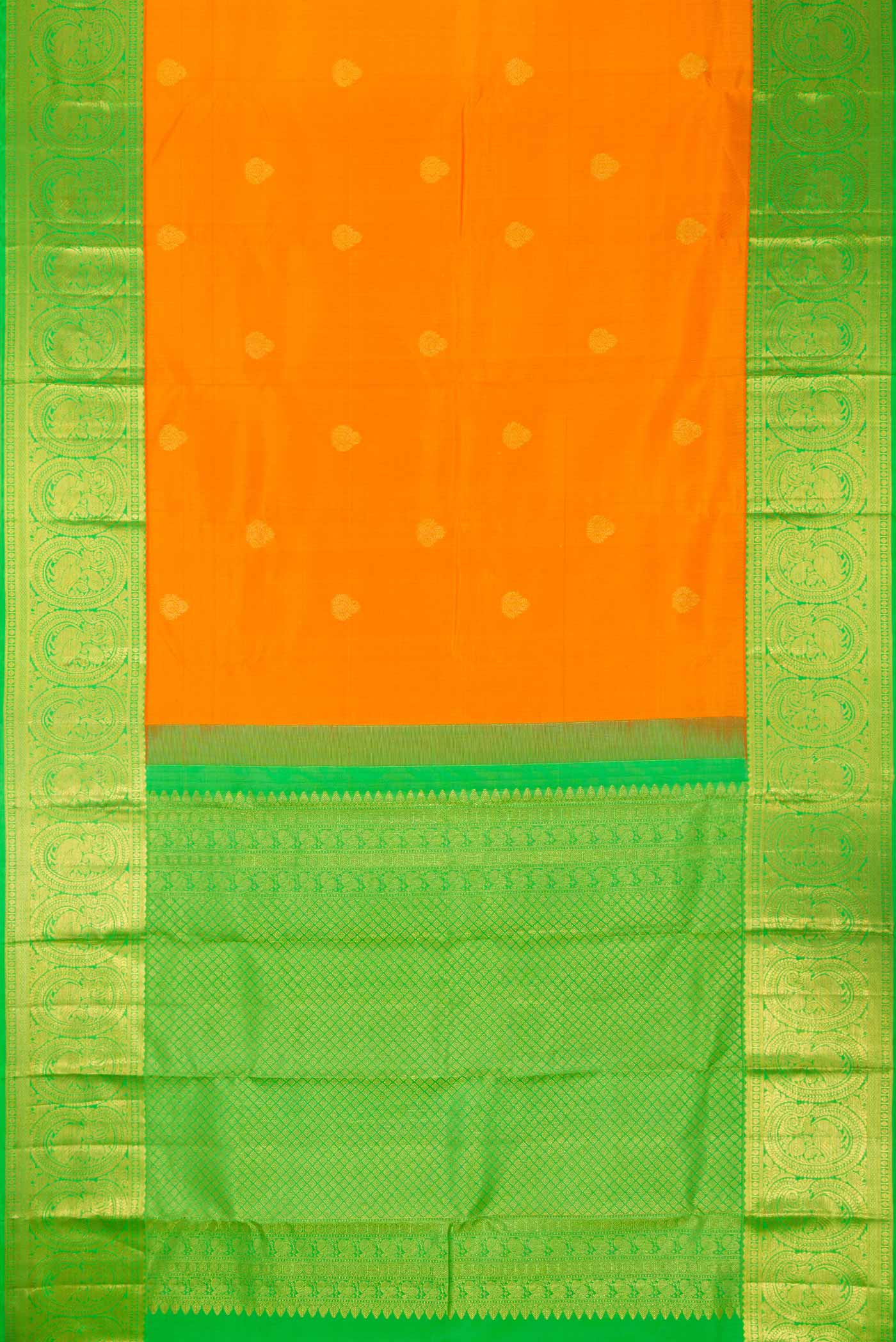 Flat view of Orange Dual Tone Kanchipuram Saree with Zari Butta on the body and Zari Border