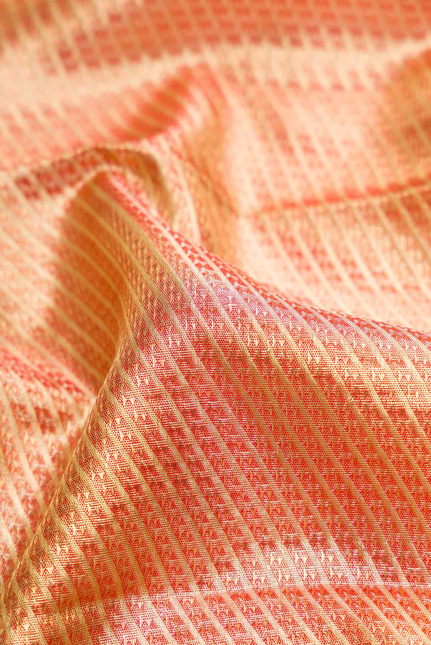 Close up of Gold Dual Tone Kanjivaram Tissue Silk Saree with Zari Brocade on the body and Zari Border.  displaying folds