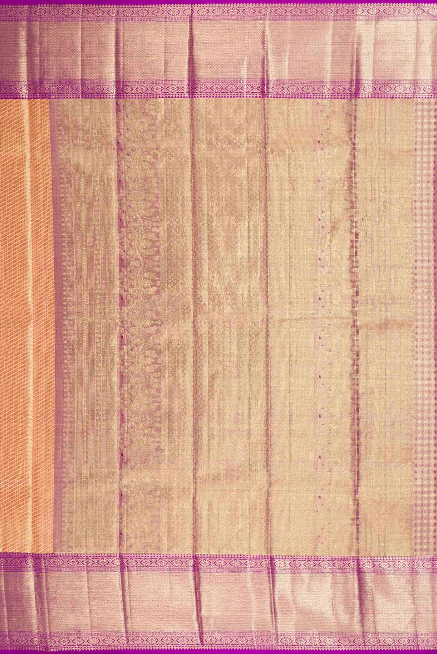 Close up image of the pallu of Gold Dual Tone Kanjivaram Tissue Silk Saree with Zari Brocade on the body and Zari Border. 