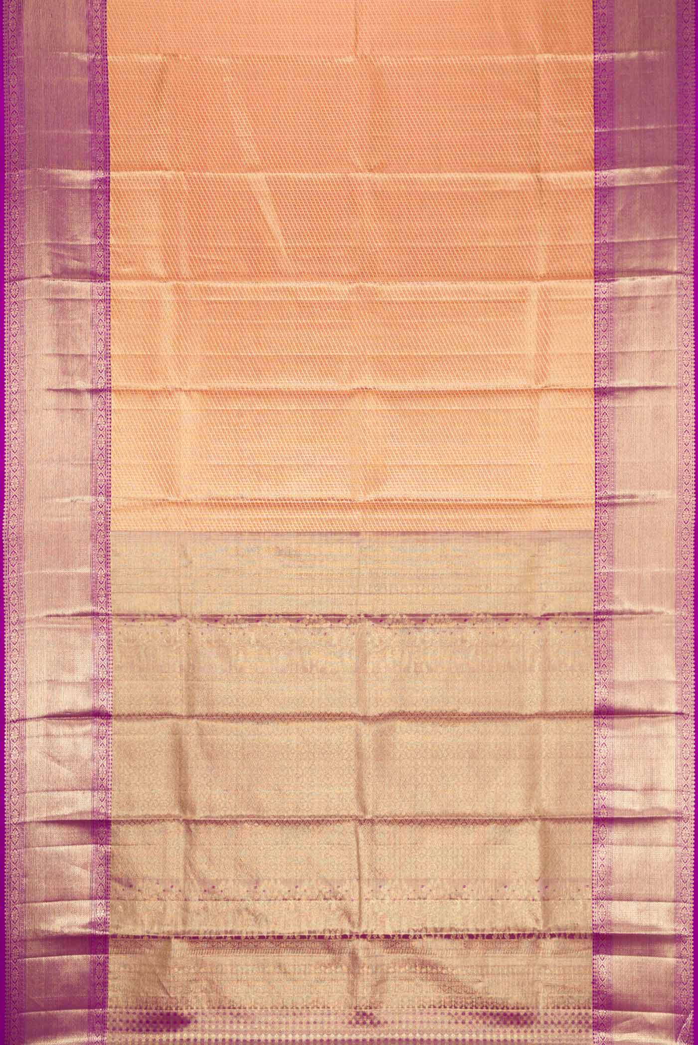 Flat view of Gold Dual Tone Kanjivaram Tissue Silk Saree with Zari Brocade on the body and Zari Border. 