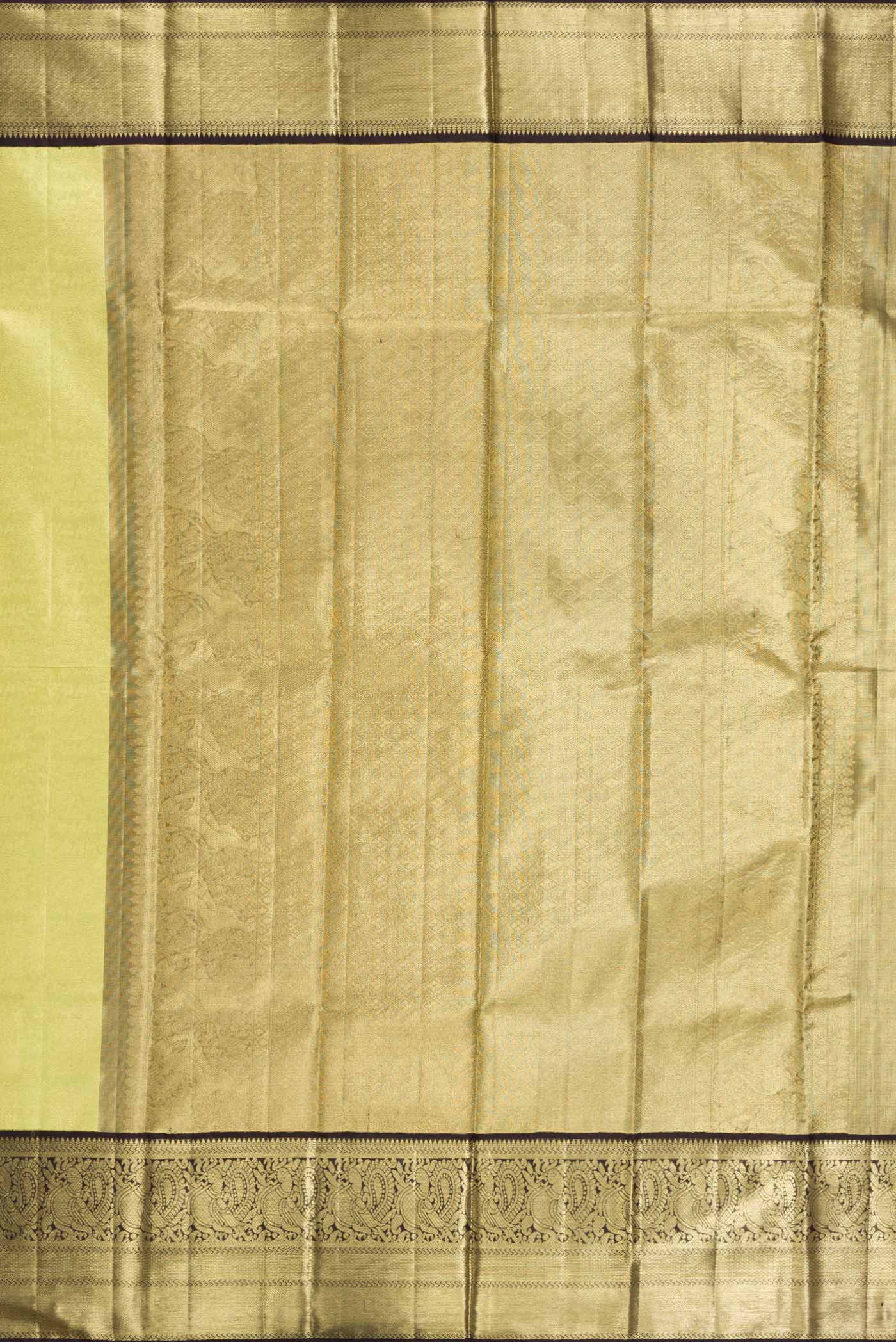 Close up image of the pallu of Pista Green Dual Tone Kanjivaram Tissue Silk Saree with Zari Brocade on the body and Zari Border. 