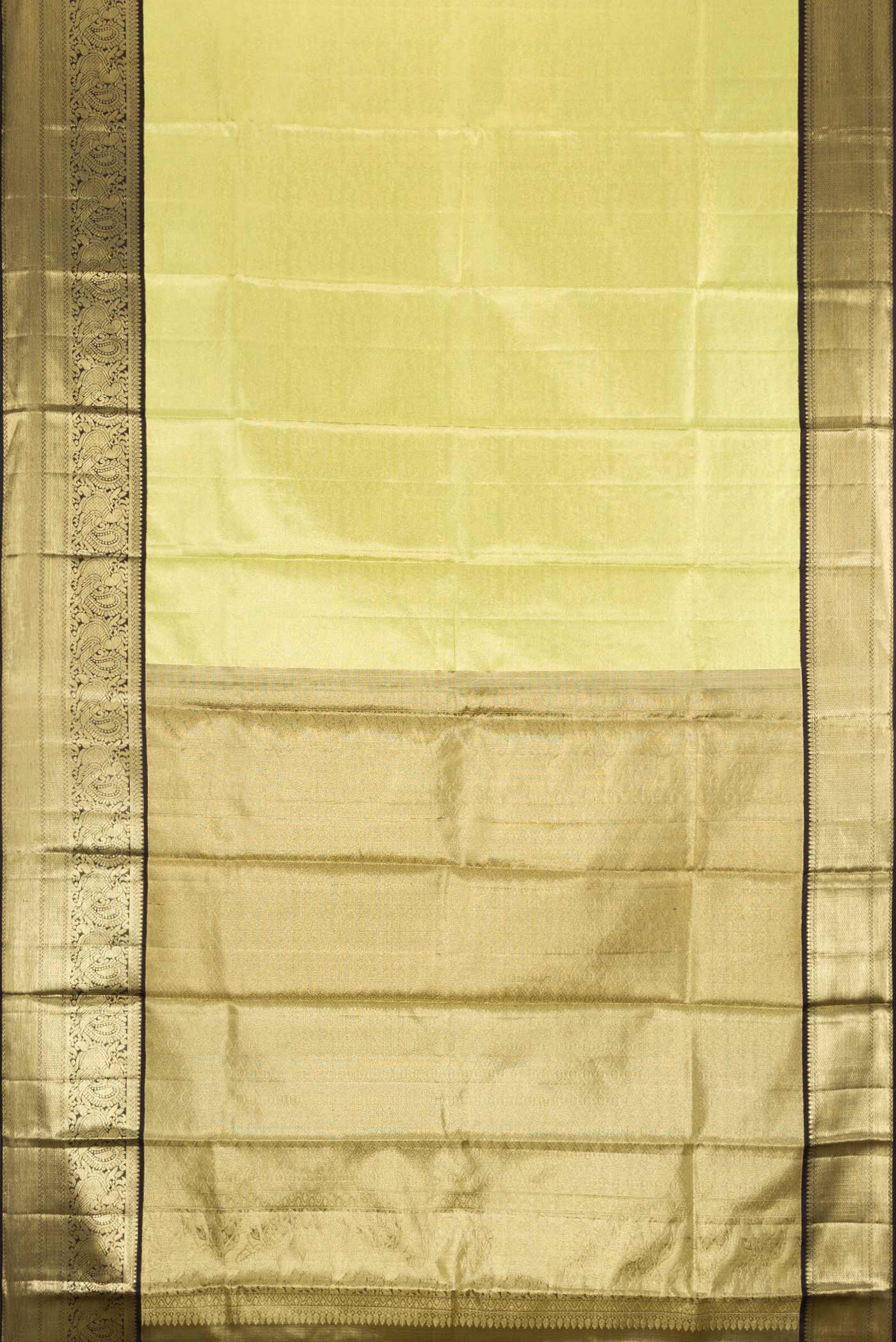 Flat view of Pista Green Dual Tone Kanjivaram Tissue Silk Saree with Zari Brocade on the body and Zari Border. 