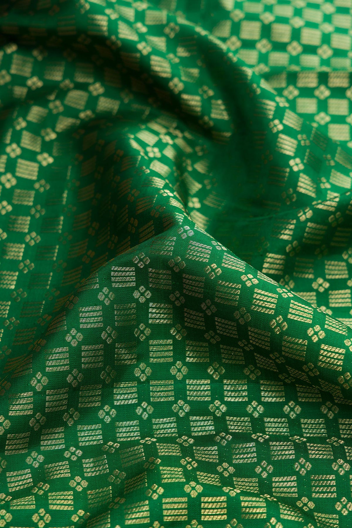 Close up of Green Dual Tone Kanjivaram Silk Saree with Zari Brocade on the body and Zari Border.  displaying folds