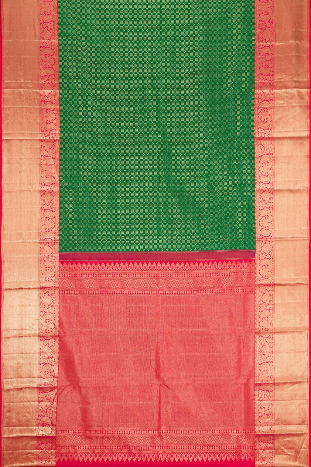 Flat view of Green Dual Tone Kanjivaram Silk Saree with Zari Brocade on the body and Zari Border. 