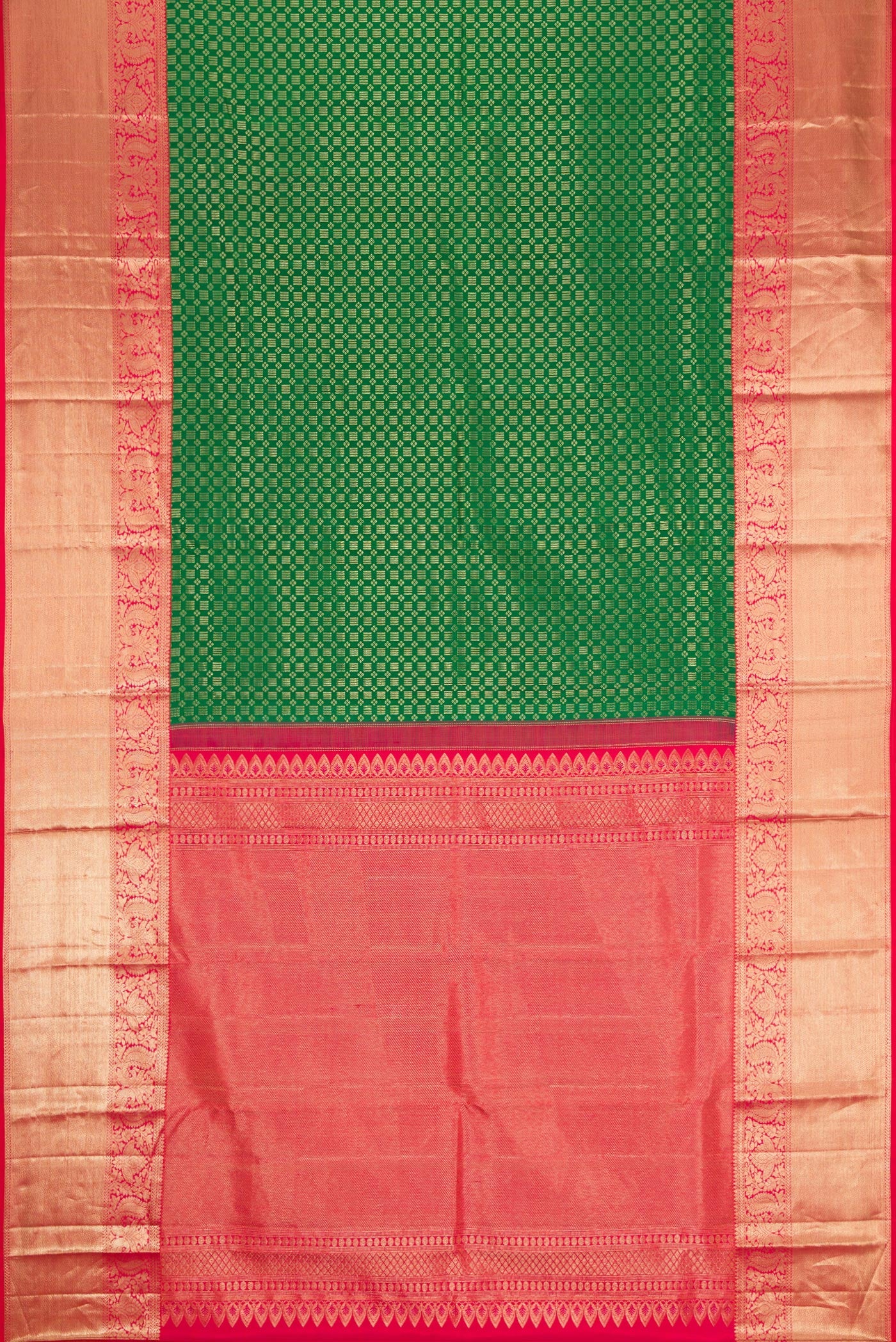 Flat view of Green Dual Tone Kanjivaram Silk Saree with Zari Brocade on the body and Zari Border. 