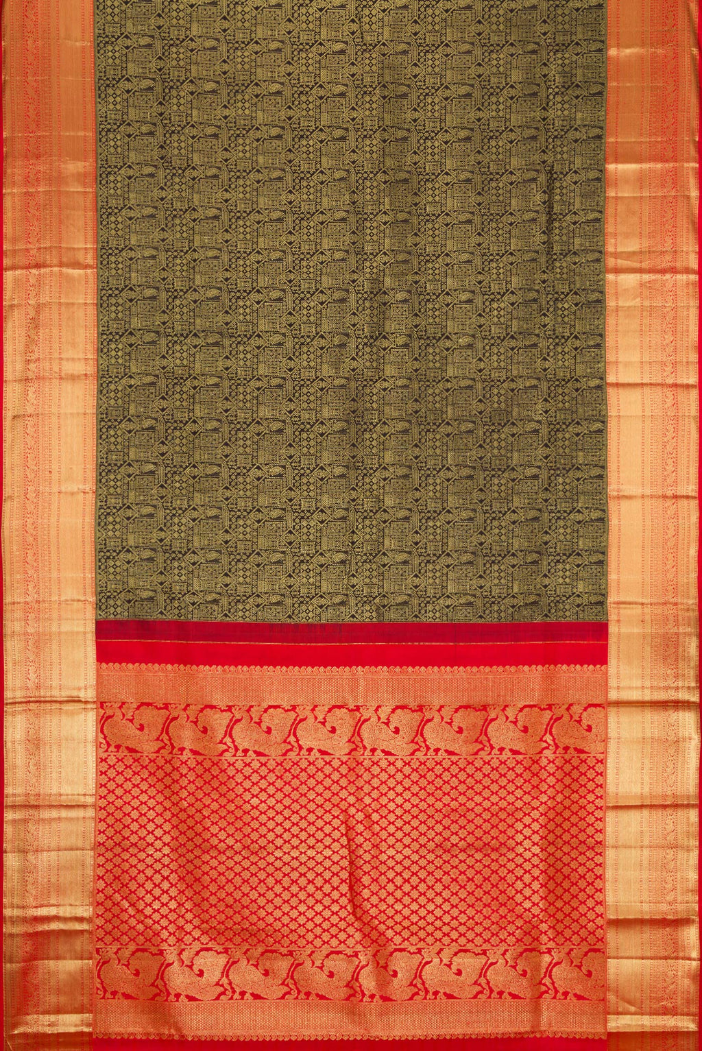 Flat view of Black Dual Tone Kanjivaram Silk Saree with Zari Brocade on the body and Zari Border. 