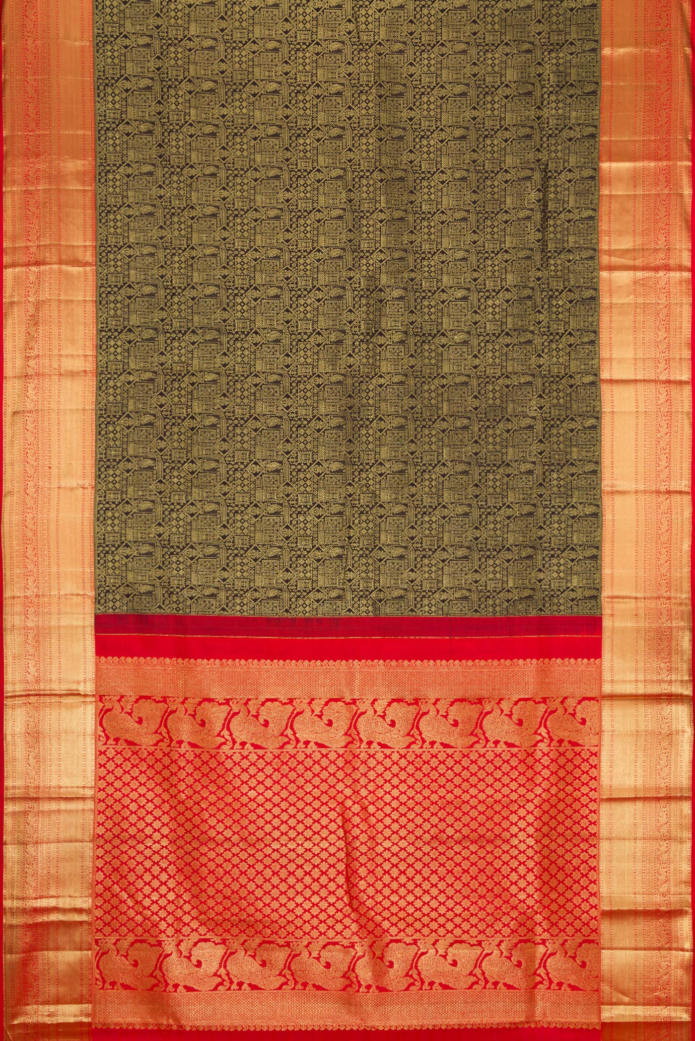 Flat view of Black Dual Tone Kanjivaram Silk Saree with Zari Brocade on the body and Zari Border. 