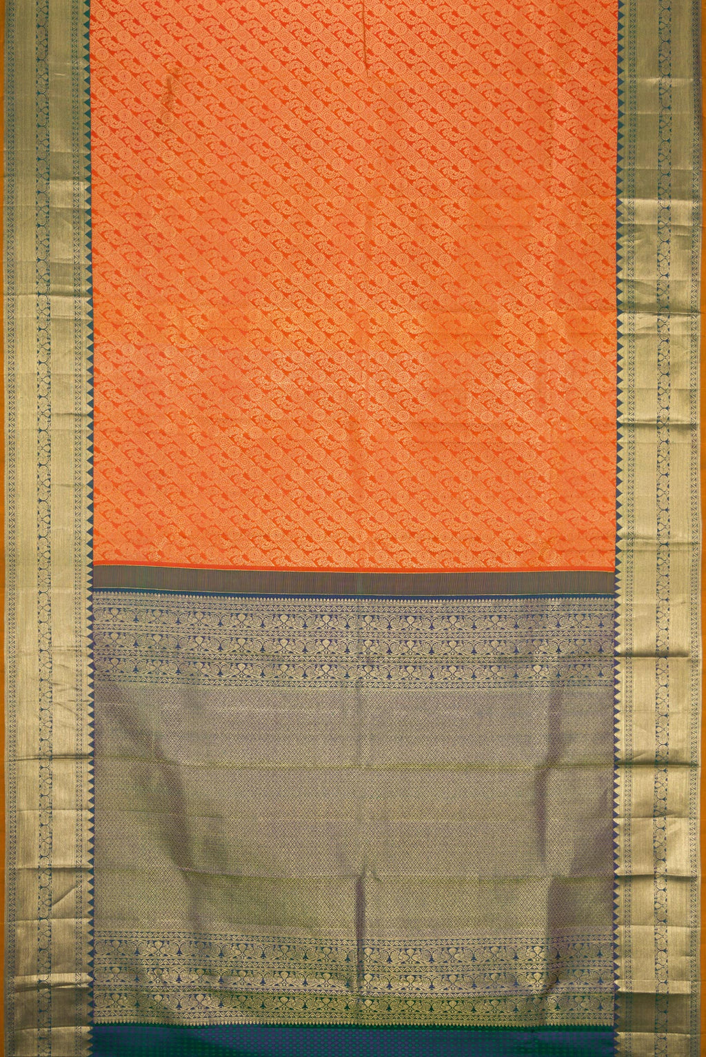 Flat view of Orange Dual Tone Kanjivaram Silk Saree with Zari Brocade on the body and Zari Border. 