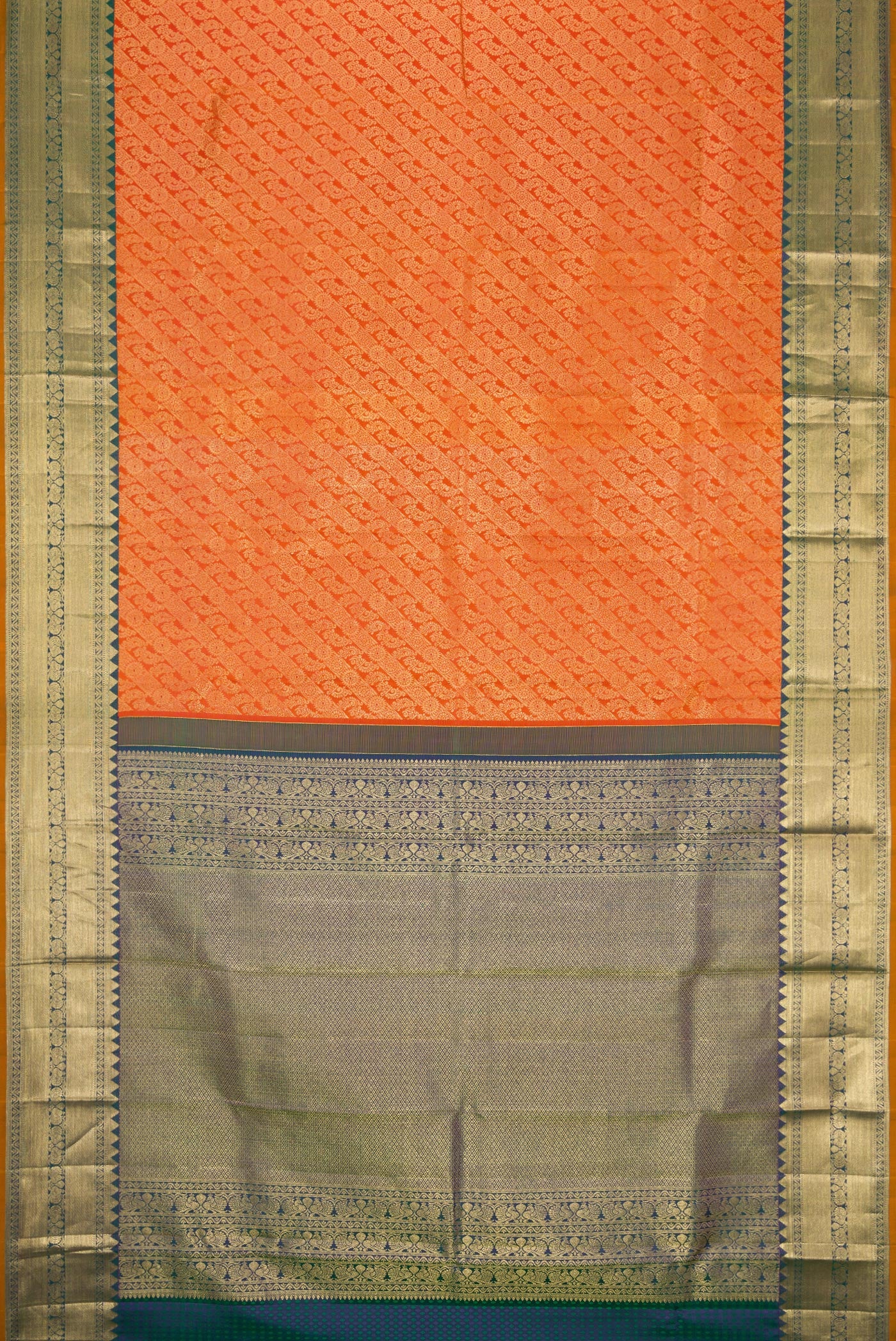 Flat view of Orange Dual Tone Kanjivaram Silk Saree with Zari Brocade on the body and Zari Border. 