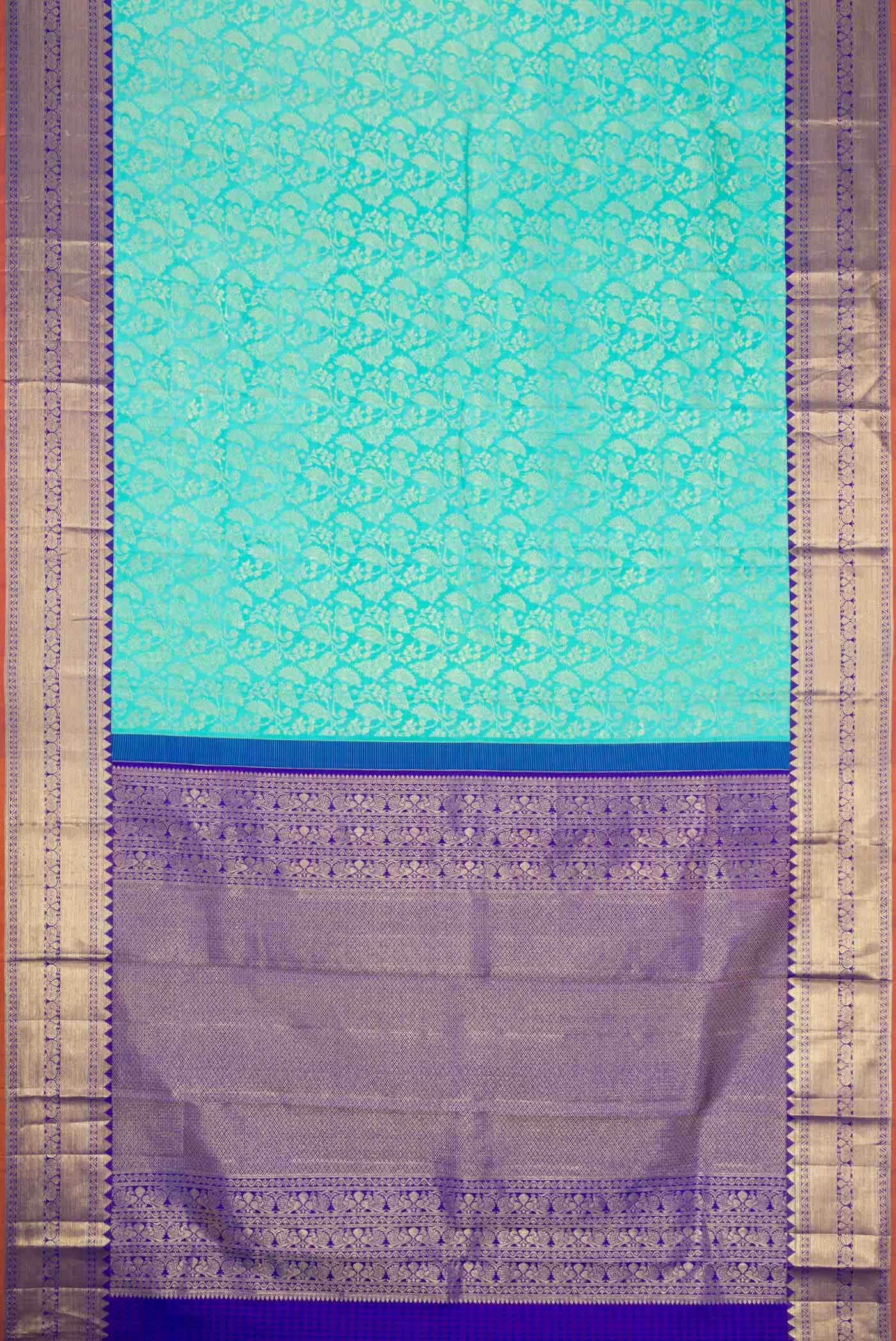 Flat view of Sky Blue Dual Tone Kanjivaram Silk Saree with Zari Brocade on the body and Zari Border. 