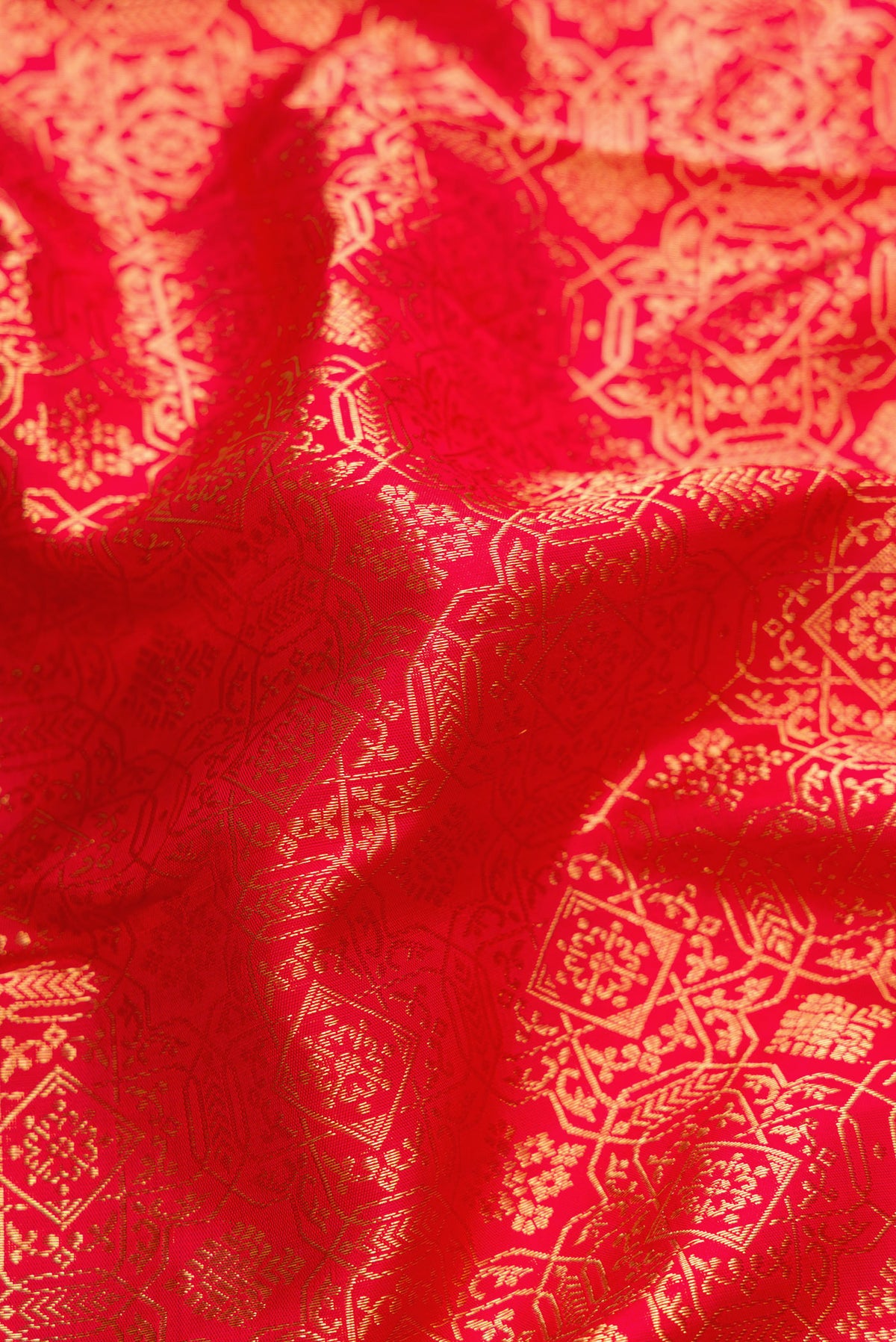 Close up of Red Dual Tone Kanjivaram Silk Saree with Zari Brocade on the body and Zari Border.  displaying folds