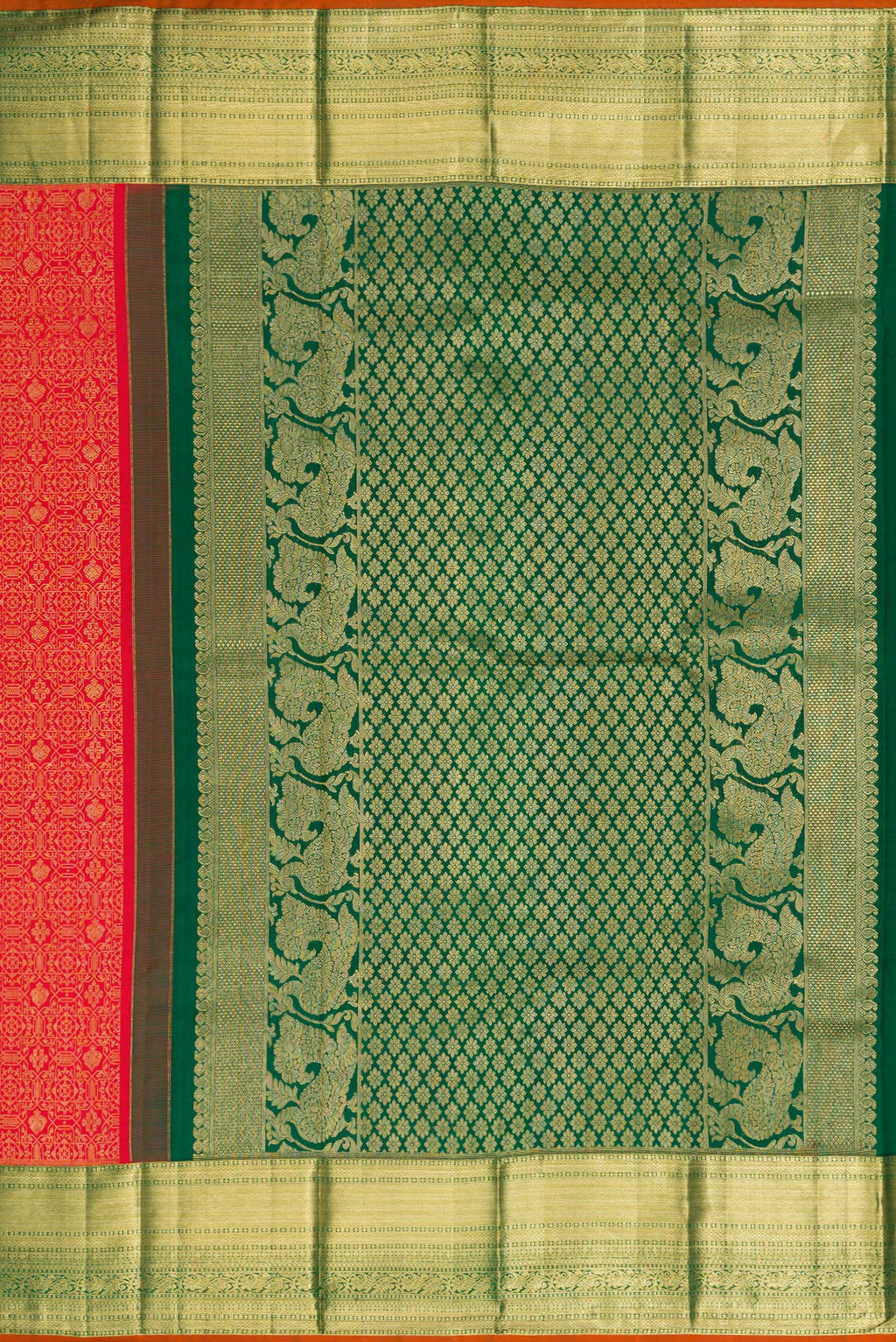 Close up image of the pallu of Red Dual Tone Kanjivaram Silk Saree with Zari Brocade on the body and Zari Border. 