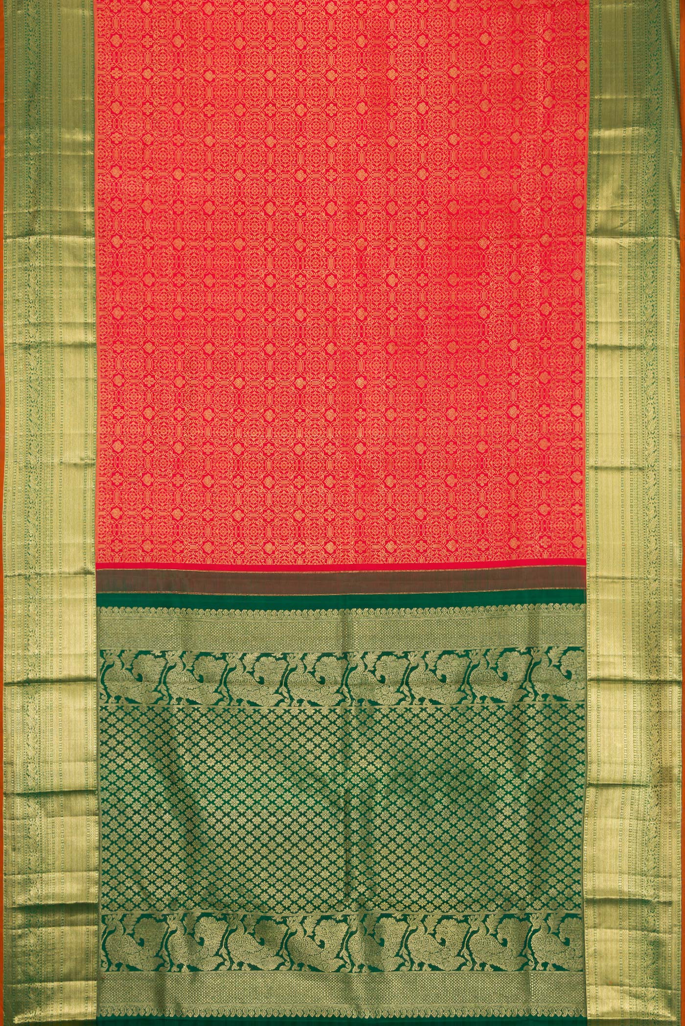 Flat view of Red Dual Tone Kanjivaram Silk Saree with Zari Brocade on the body and Zari Border. 
