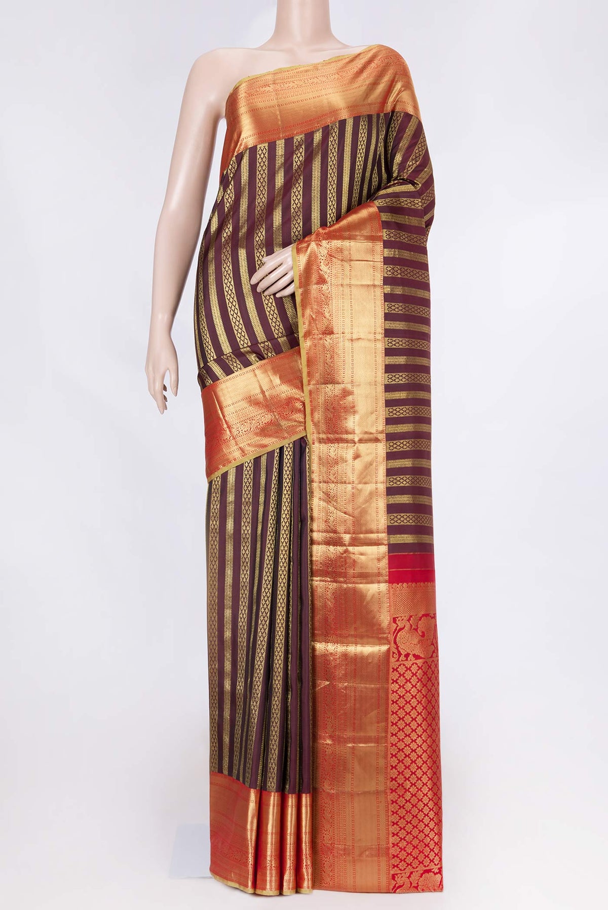 Maroon Dual Tone Kanchipuram Saree with Stripes on the body and Zari Border displayed on a mannequin