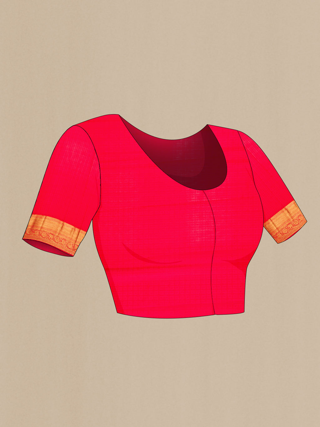 Close up image of the blouse of Red Dual Tone Kanjivaram Silk Saree with Zari Brocade on the body and Zari Border. 