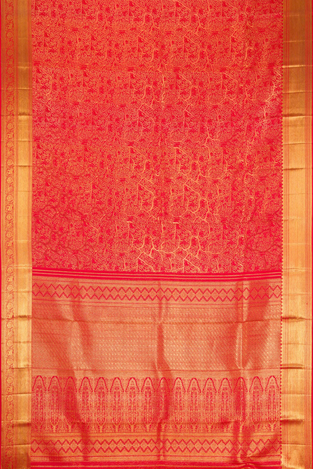 Flat view of Red Dual Tone Kanjivaram Silk Saree with Zari Brocade on the body and Zari Border. 