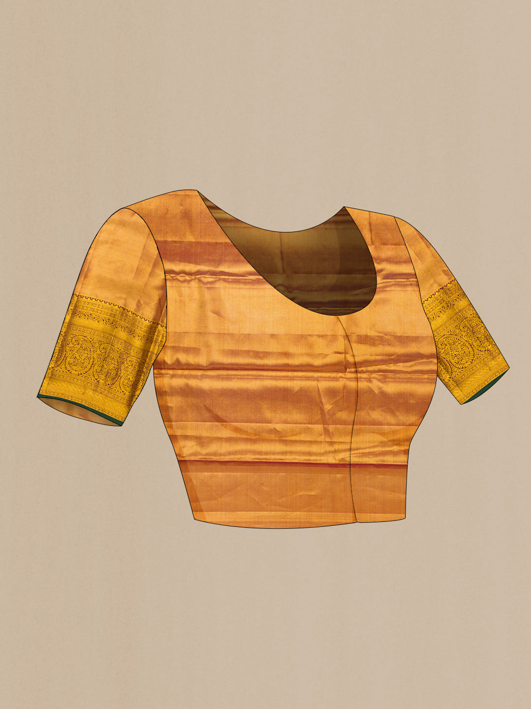 Close up image of the blouse of Peach Dual Tone Kanchipuram Tissue Silk Saree with Zari Brocade on the body and Zari Border. 