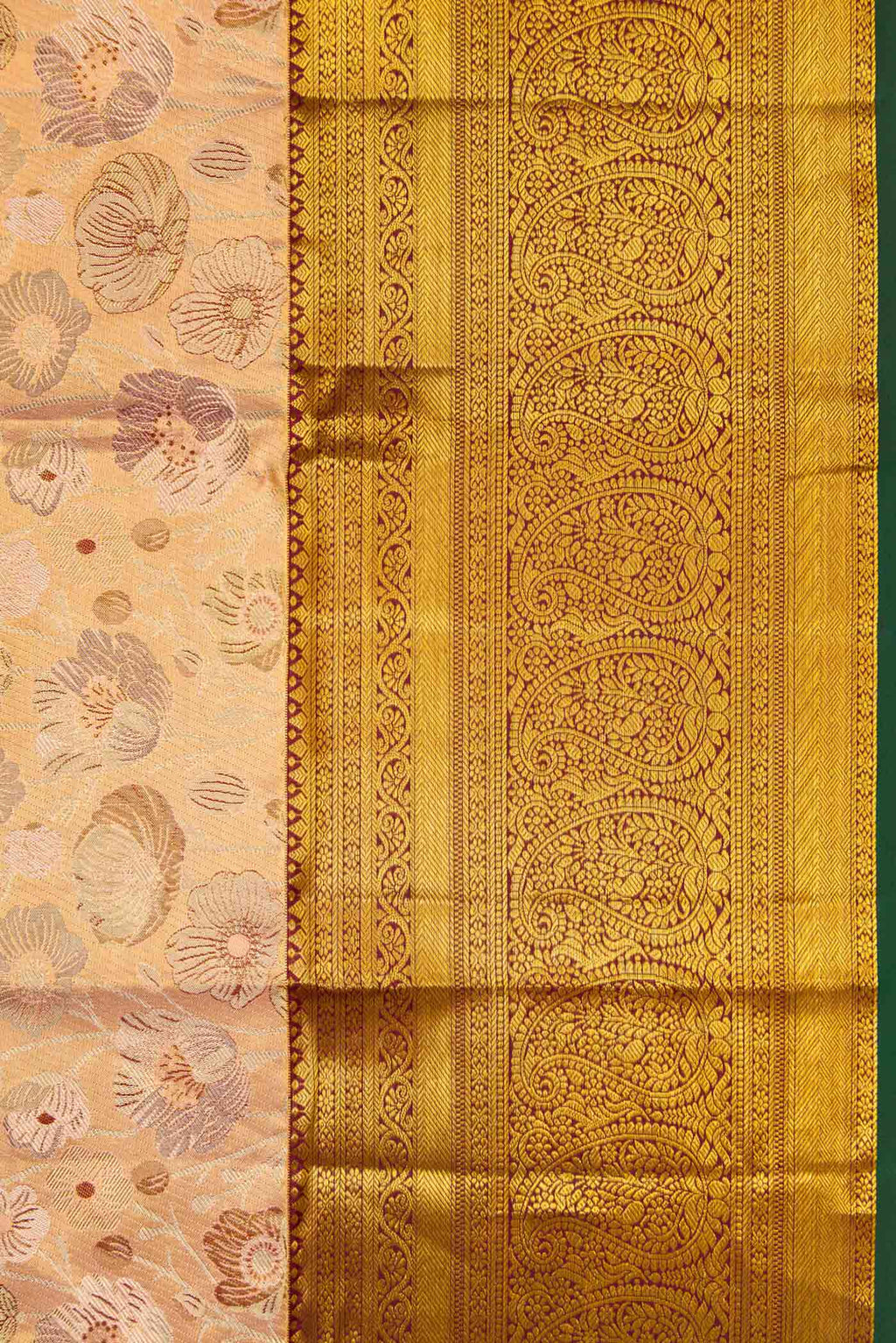 Border image of Peach Dual Tone Kanchipuram Tissue Silk Saree with Zari Brocade on the body and Zari Border. 