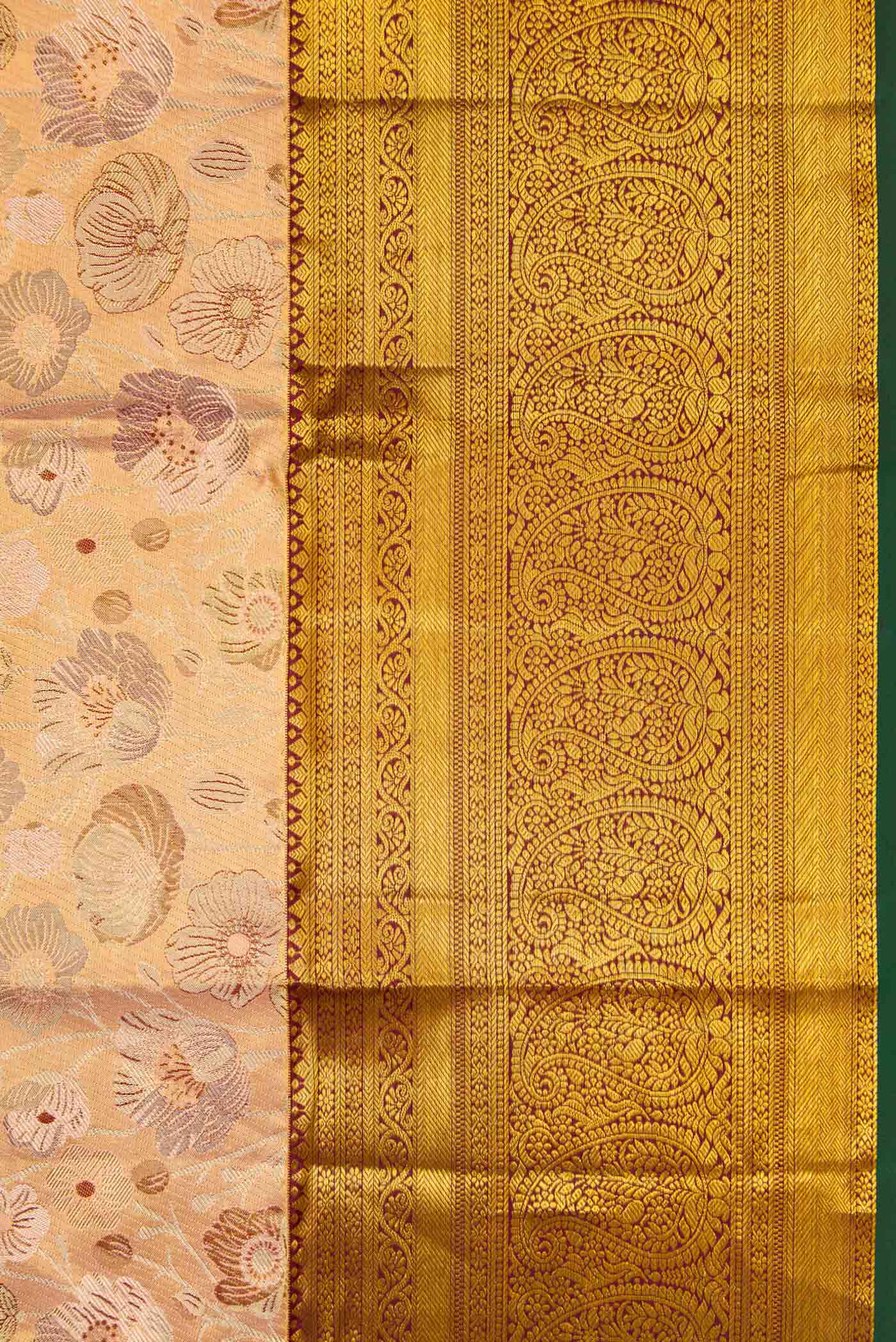 Border image of Peach Dual Tone Kanchipuram Tissue Silk Saree with Zari Brocade on the body and Zari Border. 