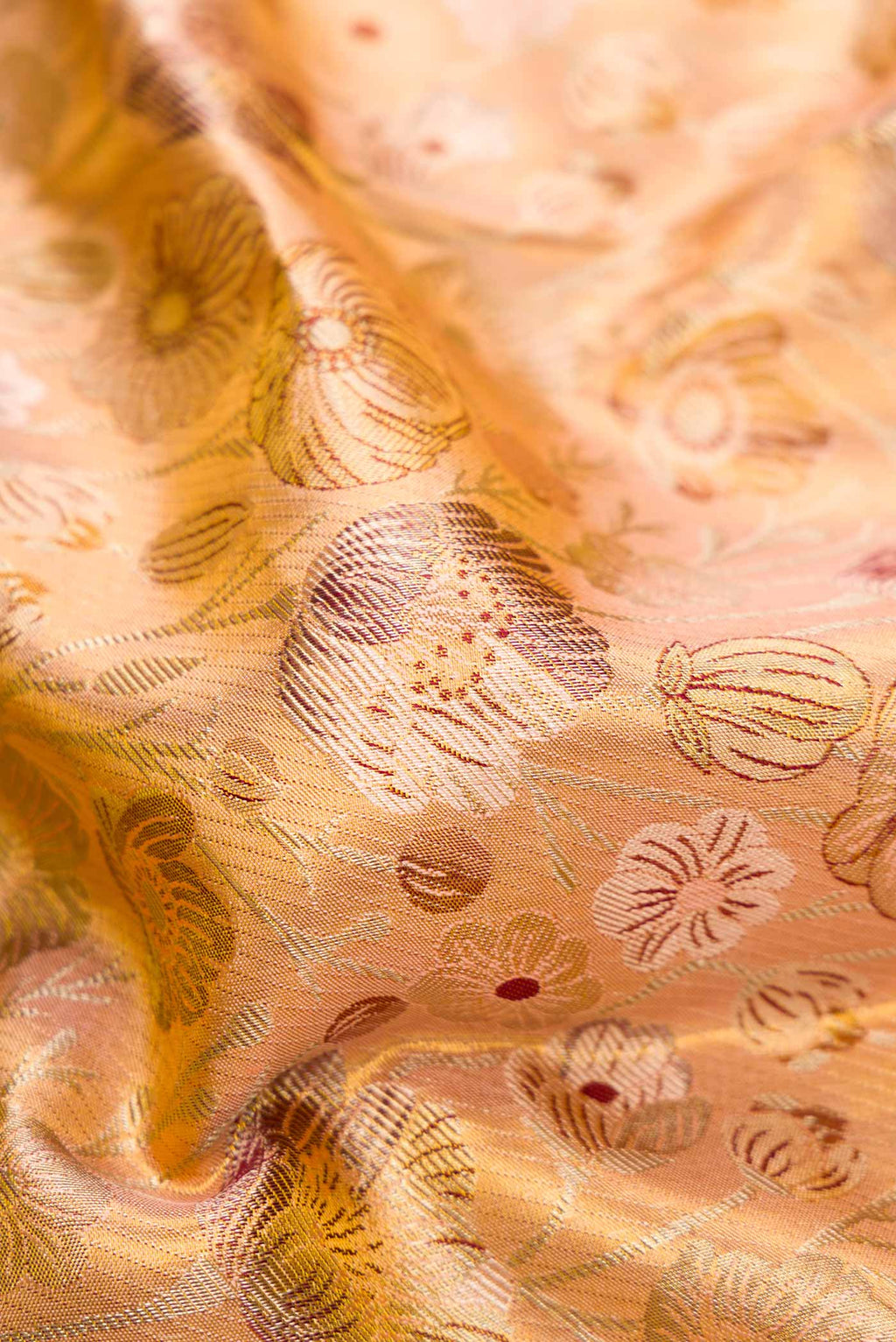 Close up of Peach Dual Tone Kanchipuram Tissue Silk Saree with Zari Brocade on the body and Zari Border.  displaying folds