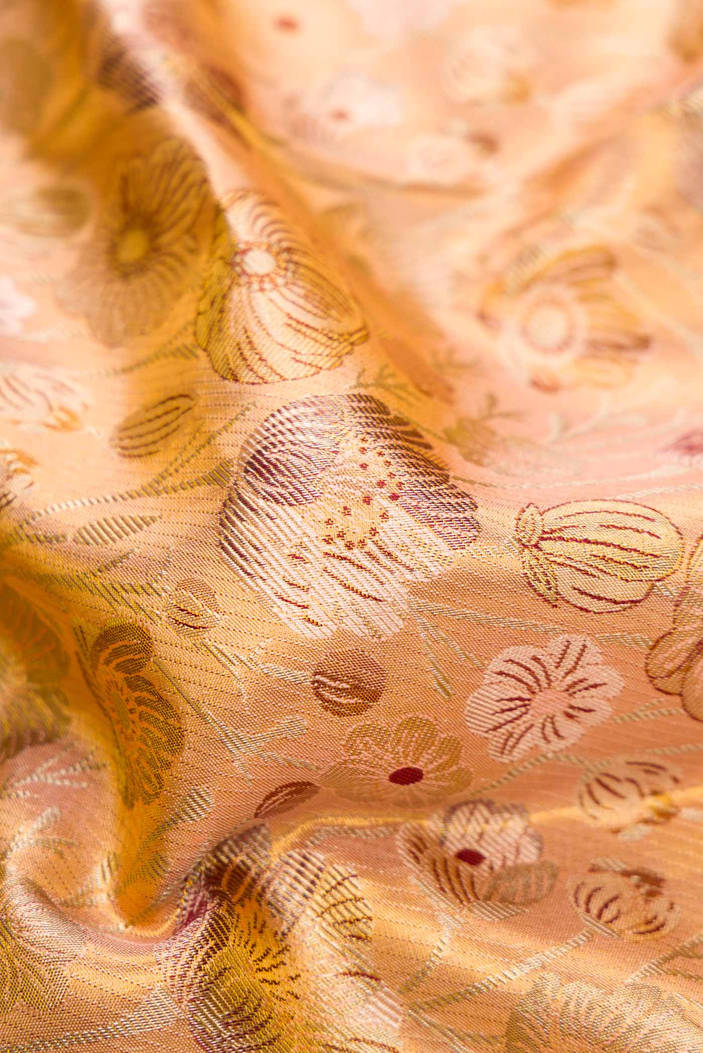 Close up of Peach Dual Tone Kanchipuram Tissue Silk Saree with Zari Brocade on the body and Zari Border.  displaying folds