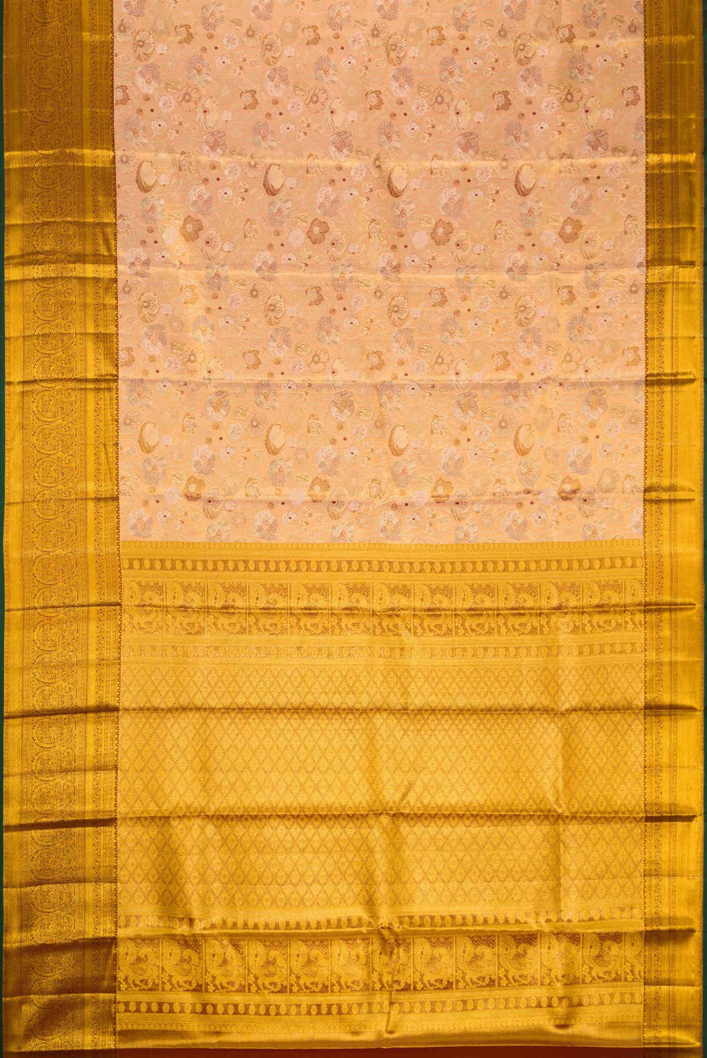 Flat view of Peach Dual Tone Kanchipuram Tissue Silk Saree with Zari Brocade on the body and Zari Border. 
