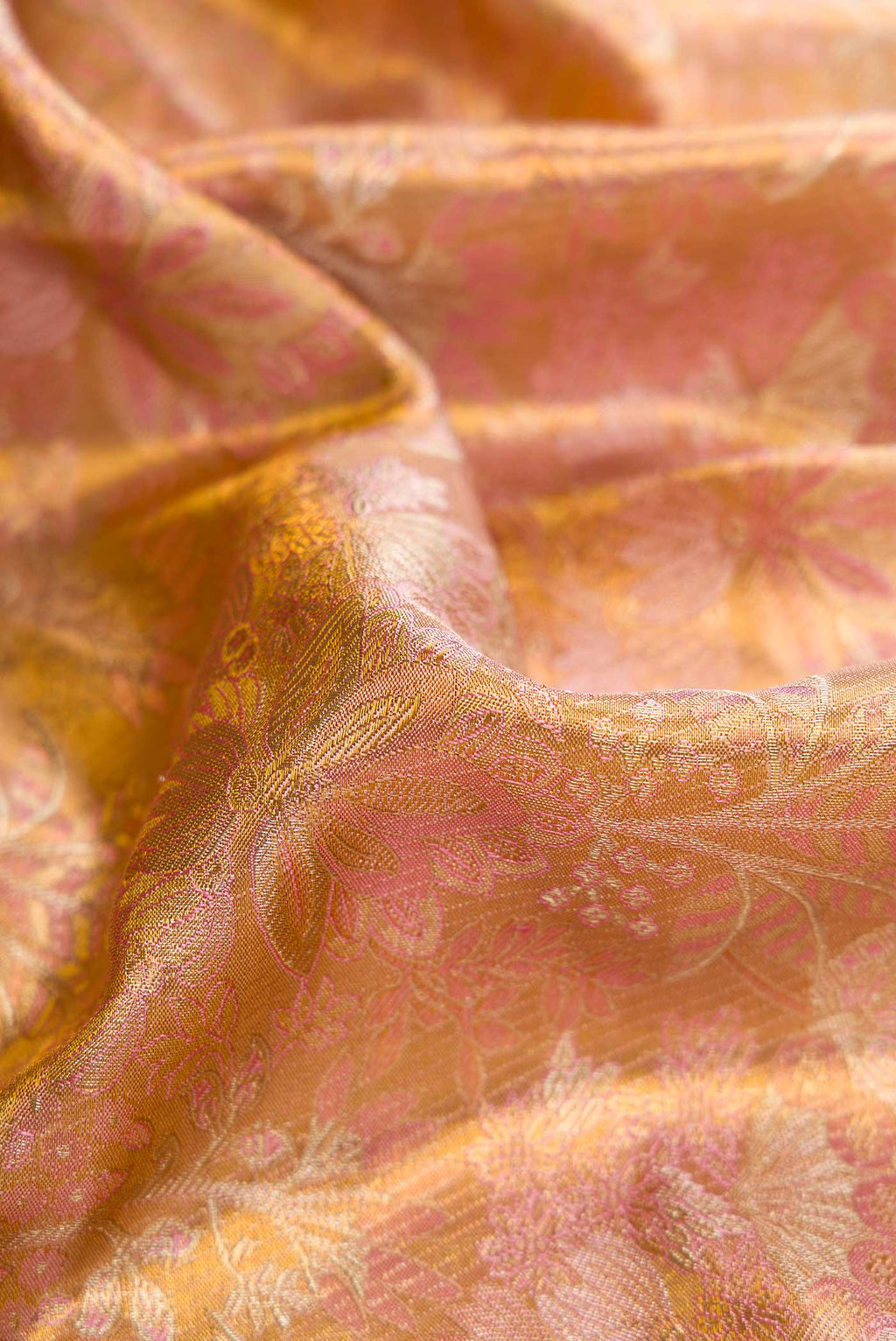 Close up of Gold Dual Tone Kanjivaram Tissue Silk Saree with Zari Brocade on the body and Zari Border.  displaying folds