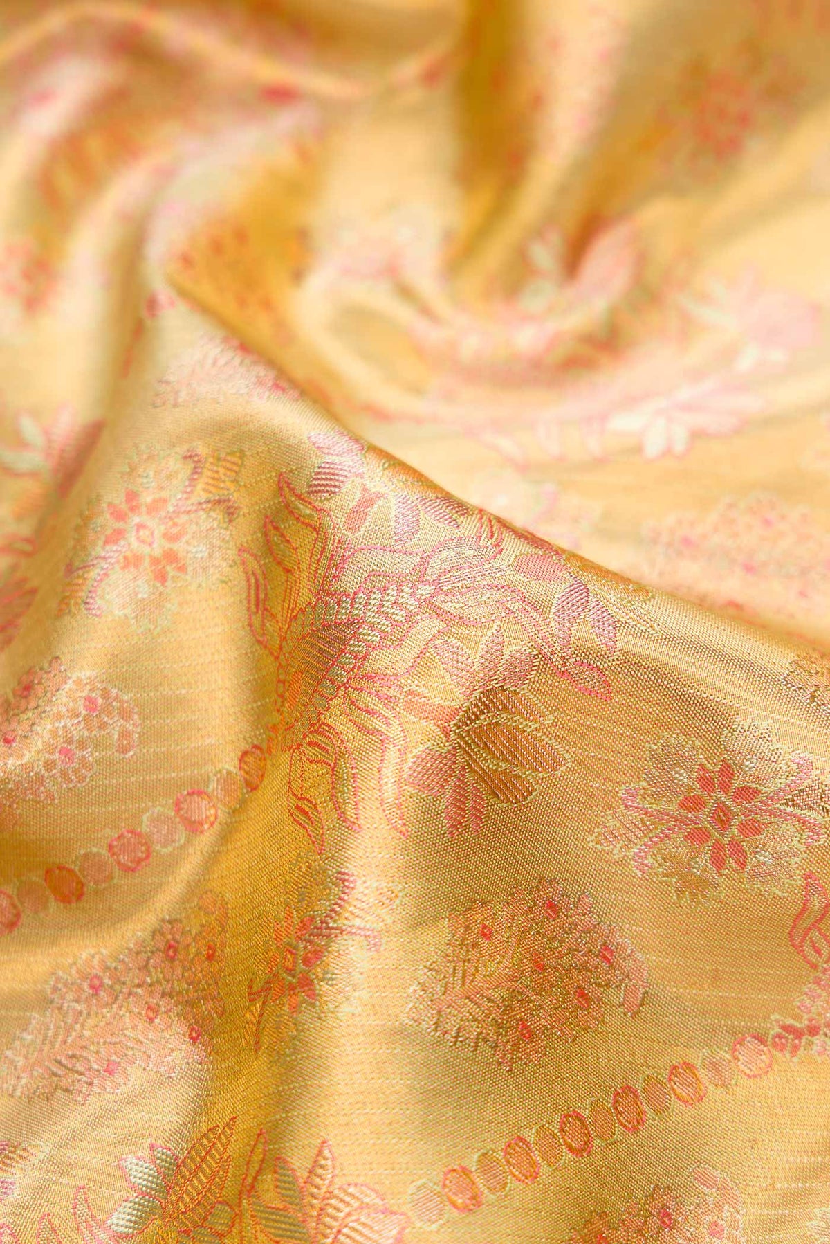 Close up of Gold Dual Tone Kanjivaram Tissue Silk Saree with Zari Brocade on the body and Zari Border.  displaying folds