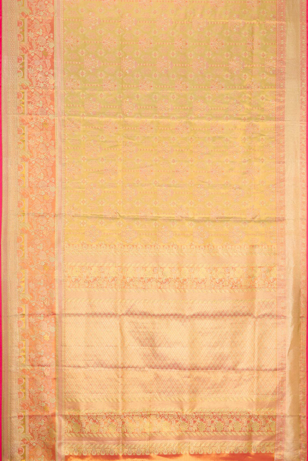 Flat view of Gold Dual Tone Kanjivaram Tissue Silk Saree with Zari Brocade on the body and Zari Border. 