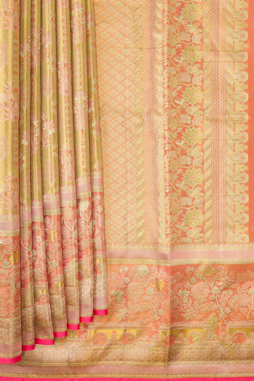 Pleats and pallu of Gold Dual Tone Kanjivaram Tissue Silk Saree with Zari Brocade on the body and Zari Border. 