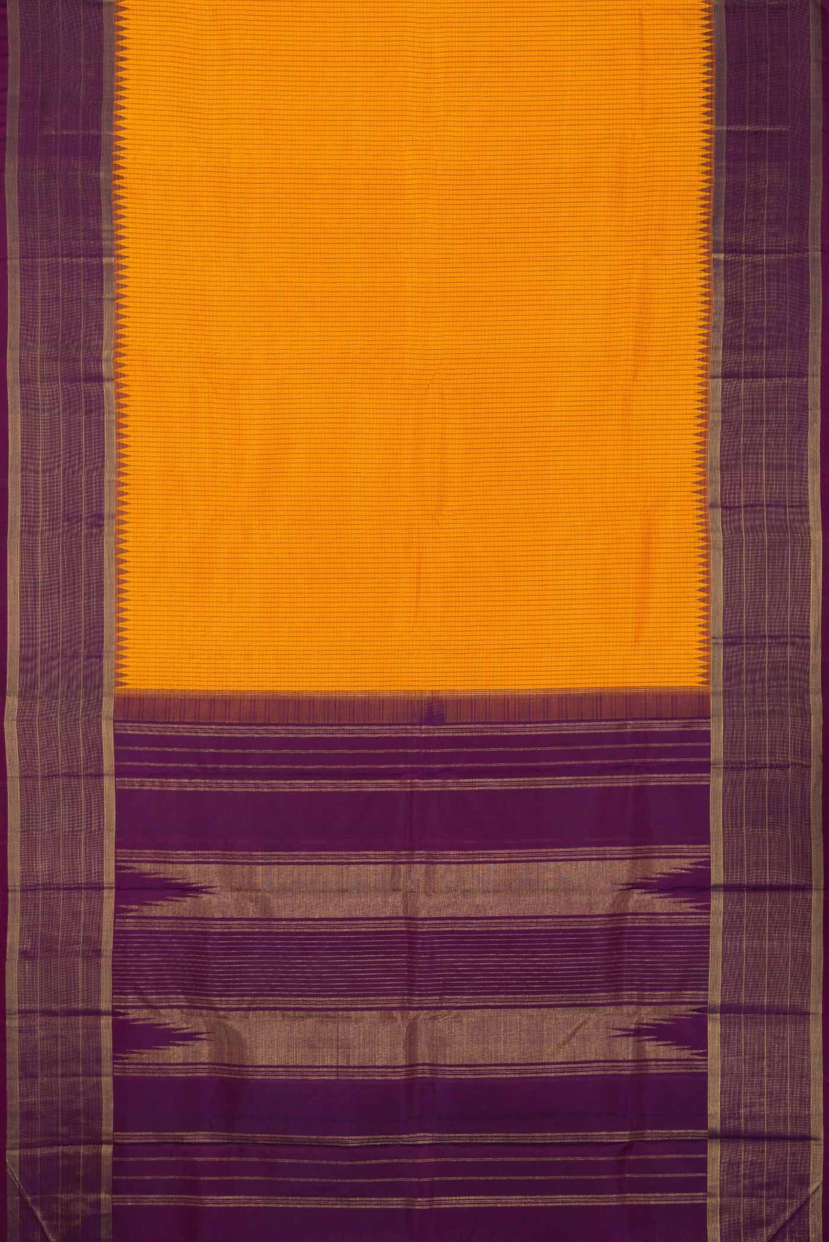 Flat view of Mustard Dual Tone Kanchipuram Saree with Checked design on the body and Zari Border