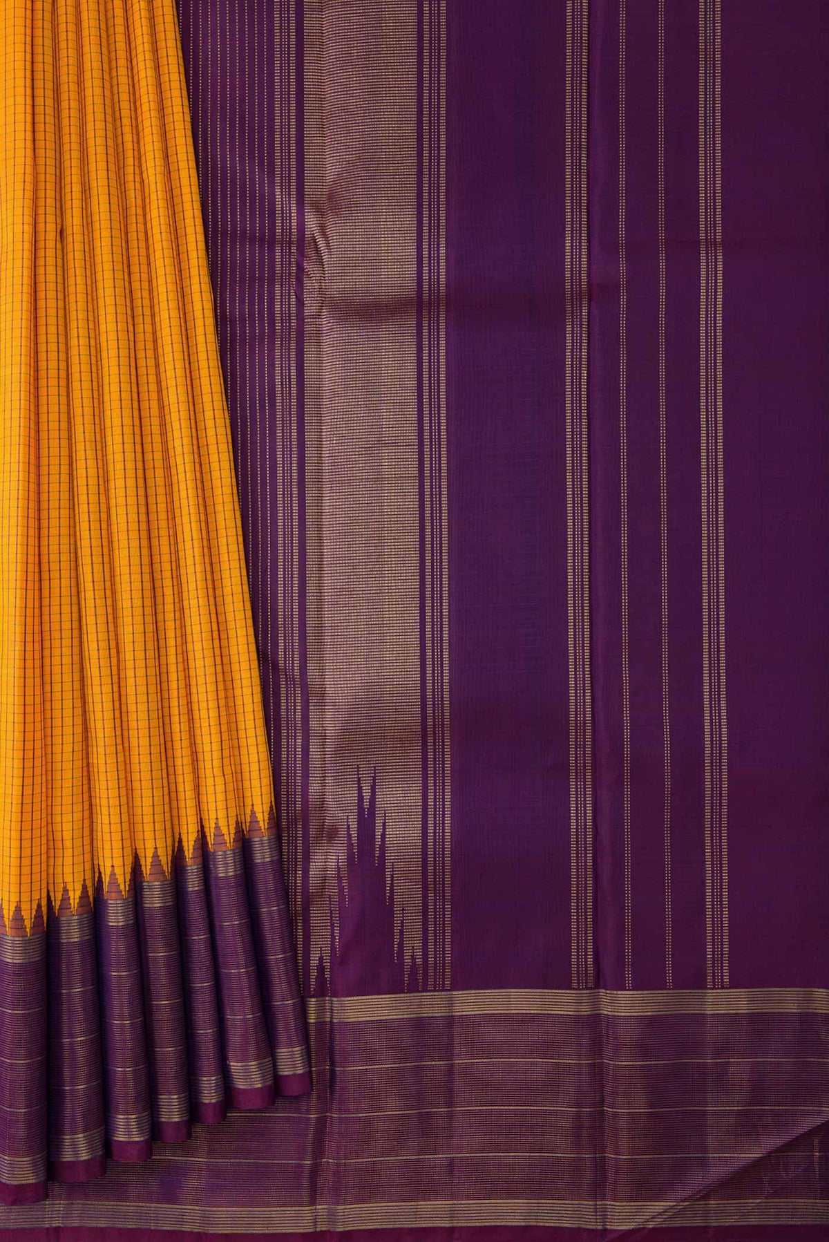 Pleats and pallu of Mustard Dual Tone Kanchipuram Saree with Checked design on the body and Zari Border