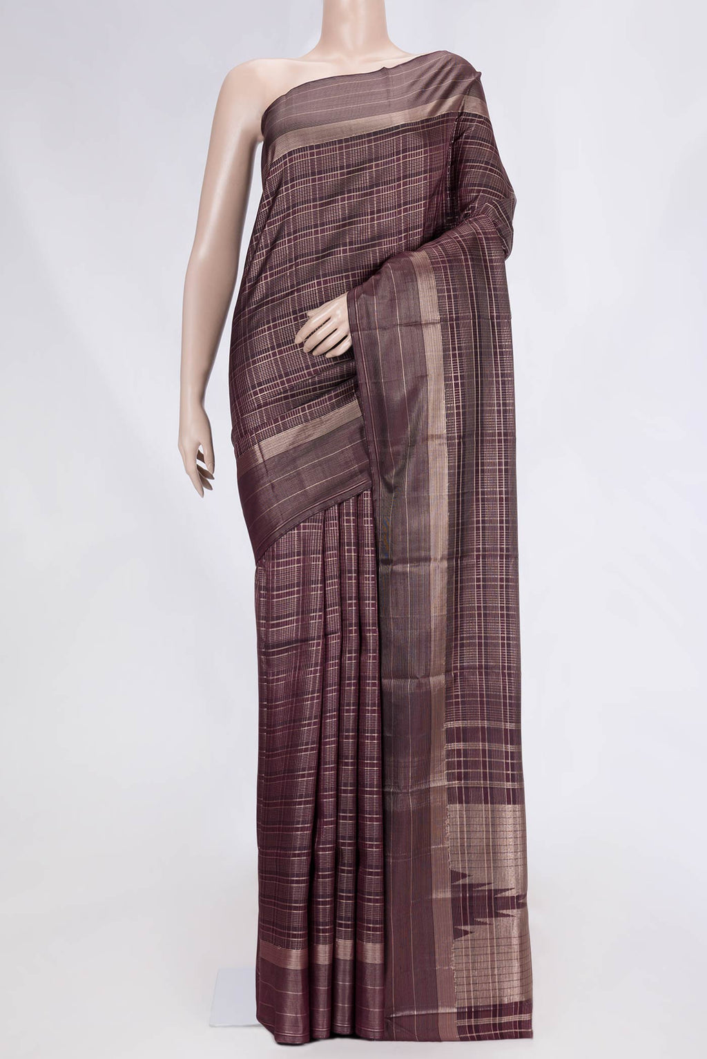 Coffee Brown Dual Tone Kanchipuram Silk Saree with Checked design on the body and Zari Border.  displayed on a mannequin