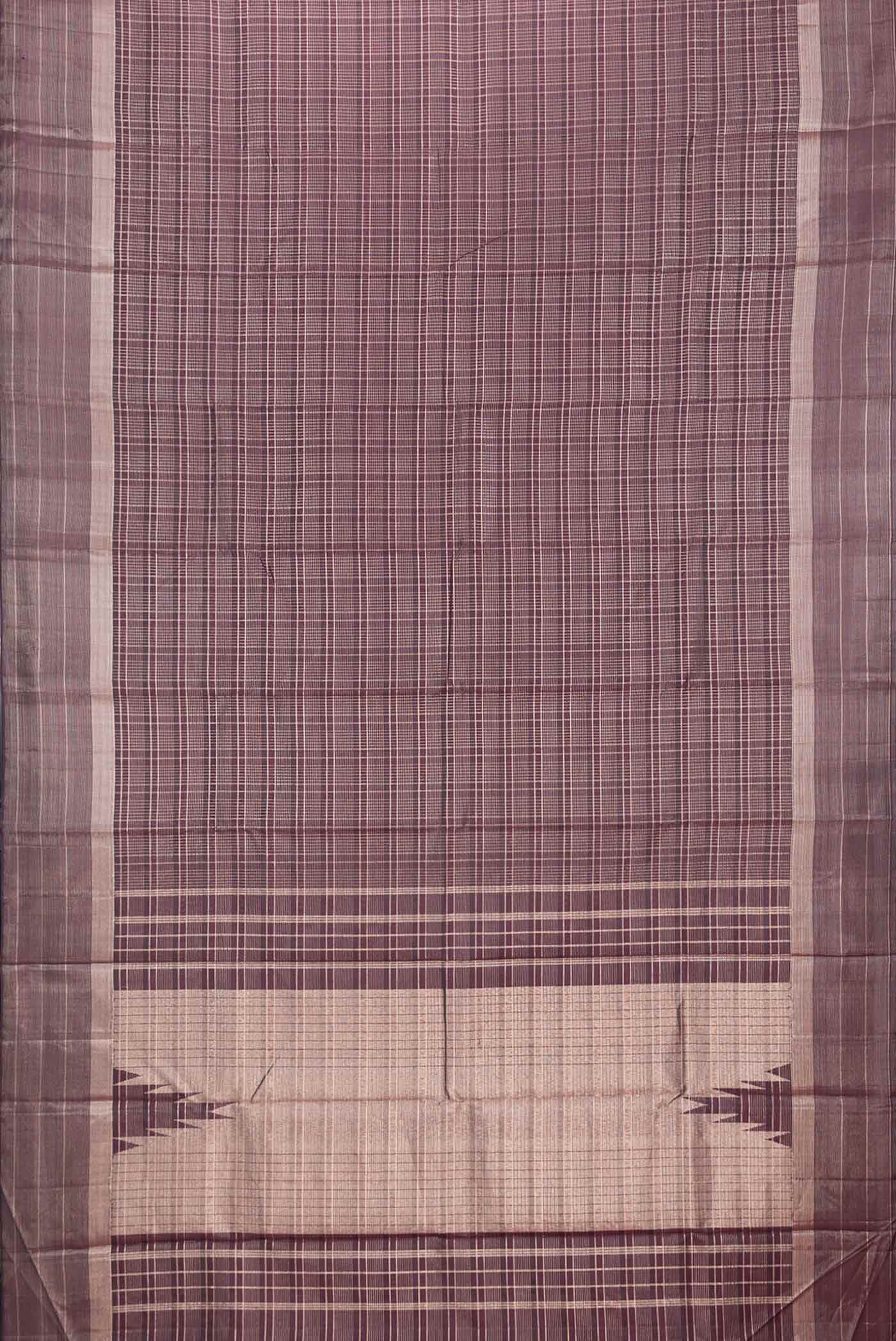 Flat view of Coffee Brown Dual Tone Kanchipuram Silk Saree with Checked design on the body and Zari Border. 