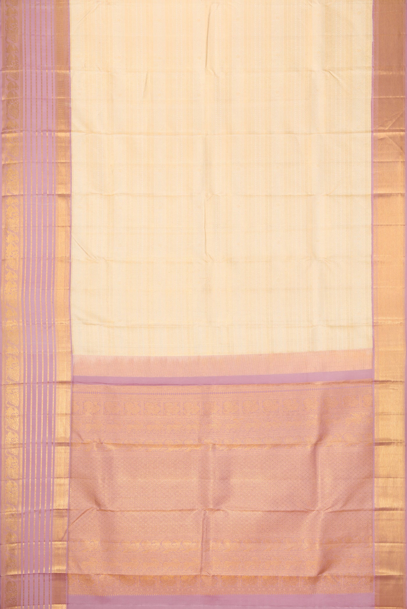 Flat view of Off White Dual Tone Kanjivaram Silk Saree with Zari Brocade on the body and Zari Border. 