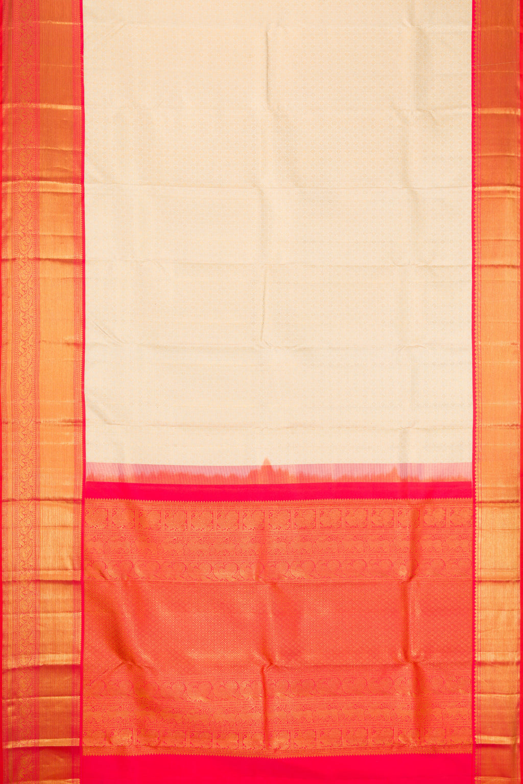 Flat view of Off White Dual Tone Kanjivaram Silk Saree with Zari Brocade on the body and Zari Border. 