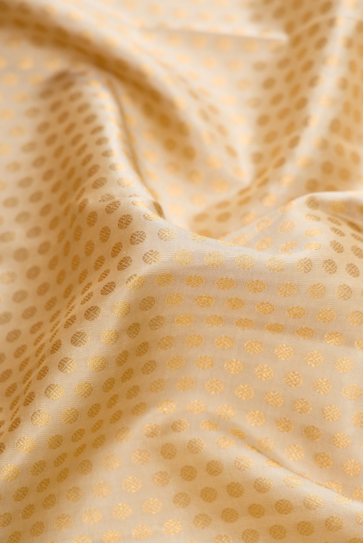Close up of Beige Dual Tone Kanjivaram Silk Saree with Zari Brocade on the body and Zari Border.  displaying folds