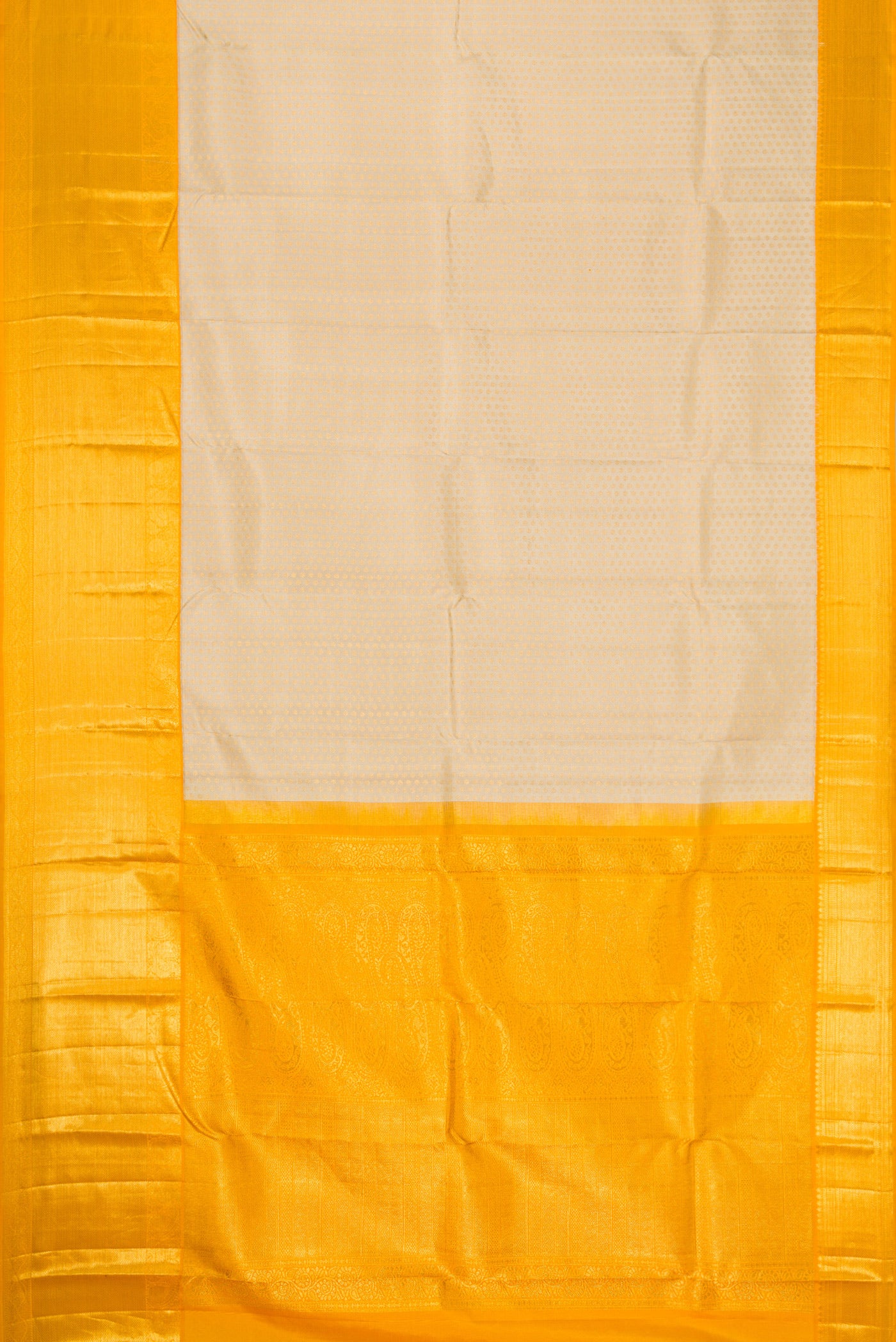 Flat view of Beige Dual Tone Kanjivaram Silk Saree with Zari Brocade on the body and Zari Border. 