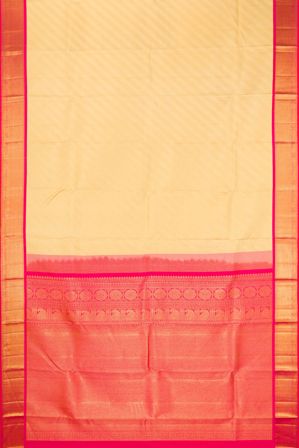 Flat view of Pure Silk Sandal Kanjivaram Saree with Stripes on the body and Zari Border. 