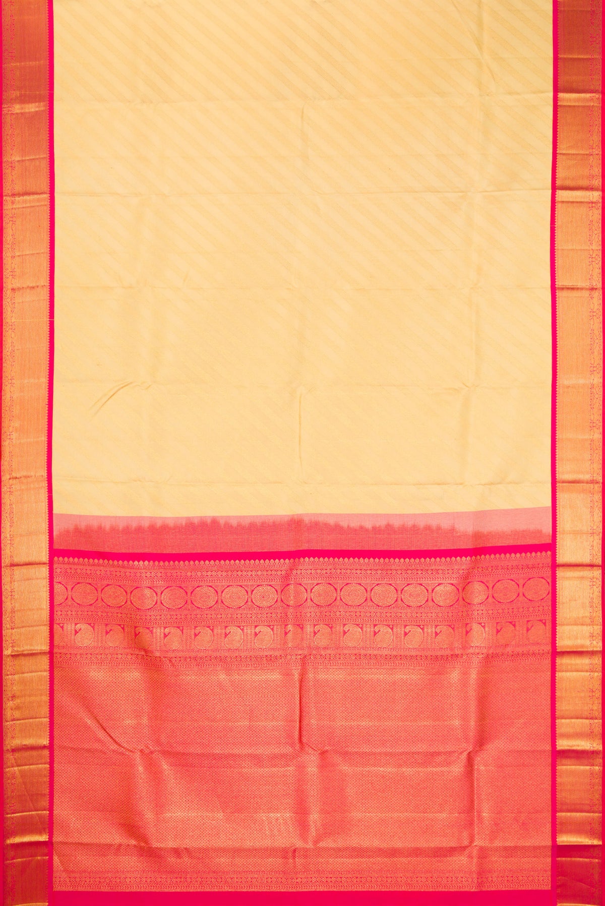 Flat view of Pure Silk Sandal Kanjivaram Saree with Stripes on the body and Zari Border. 