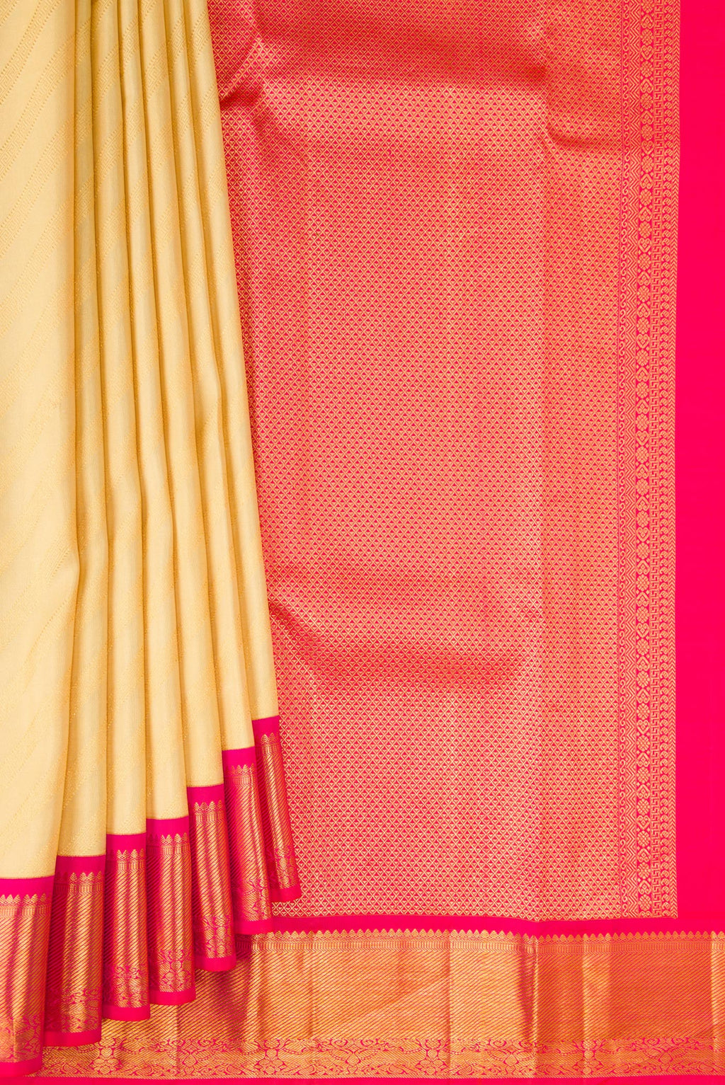 Pleats and pallu of Pure Silk Sandal Kanjivaram Saree with Stripes on the body and Zari Border. 