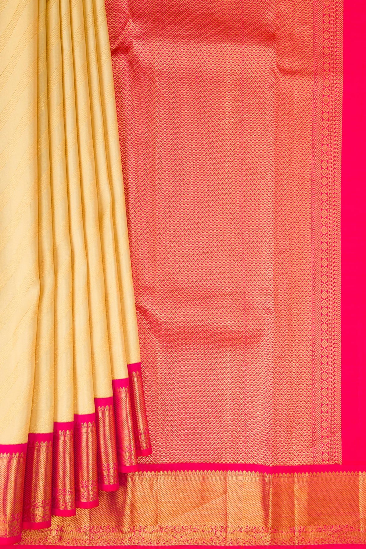 Pleats and pallu of Pure Silk Sandal Kanjivaram Saree with Stripes on the body and Zari Border. 