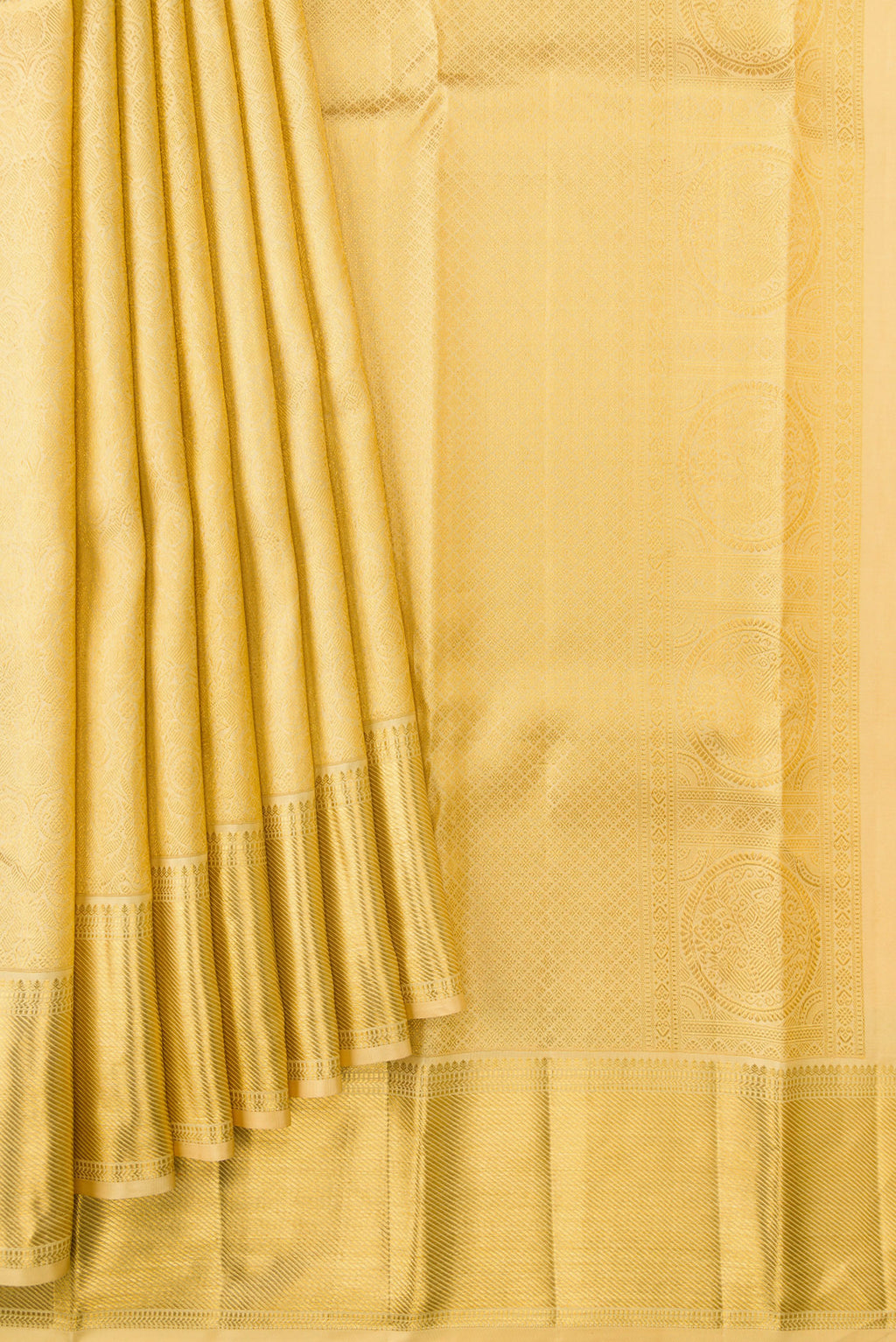Pleats and pallu of Sandal Dual Tone Kanjivaram Silk Saree with Zari Brocade on the body and Zari Border. 