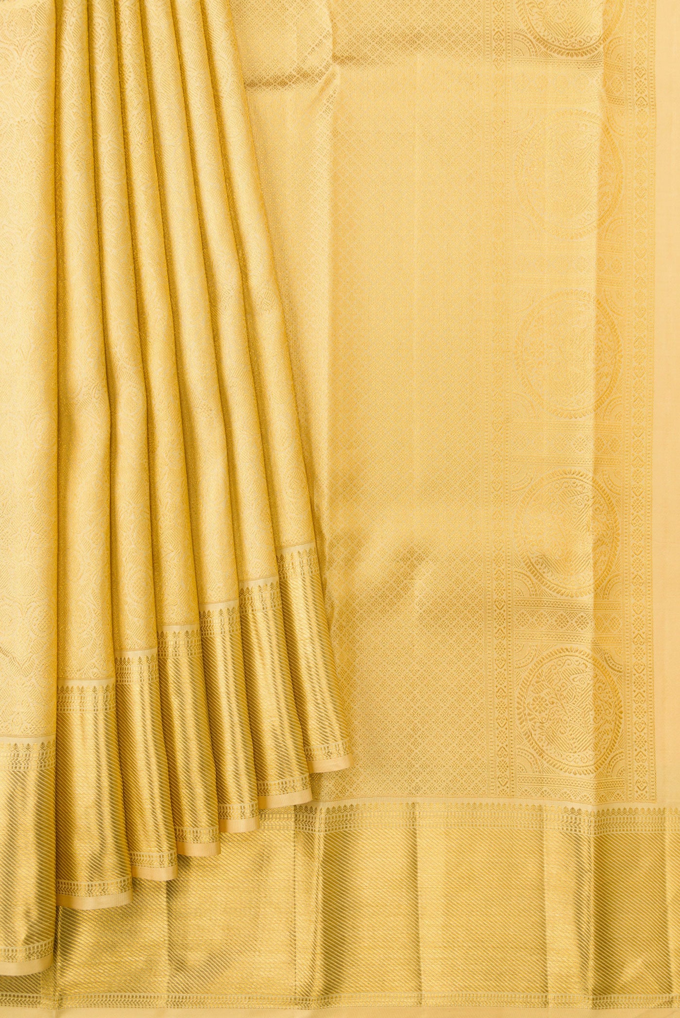 Pleats and pallu of Sandal Dual Tone Kanjivaram Silk Saree with Zari Brocade on the body and Zari Border. 