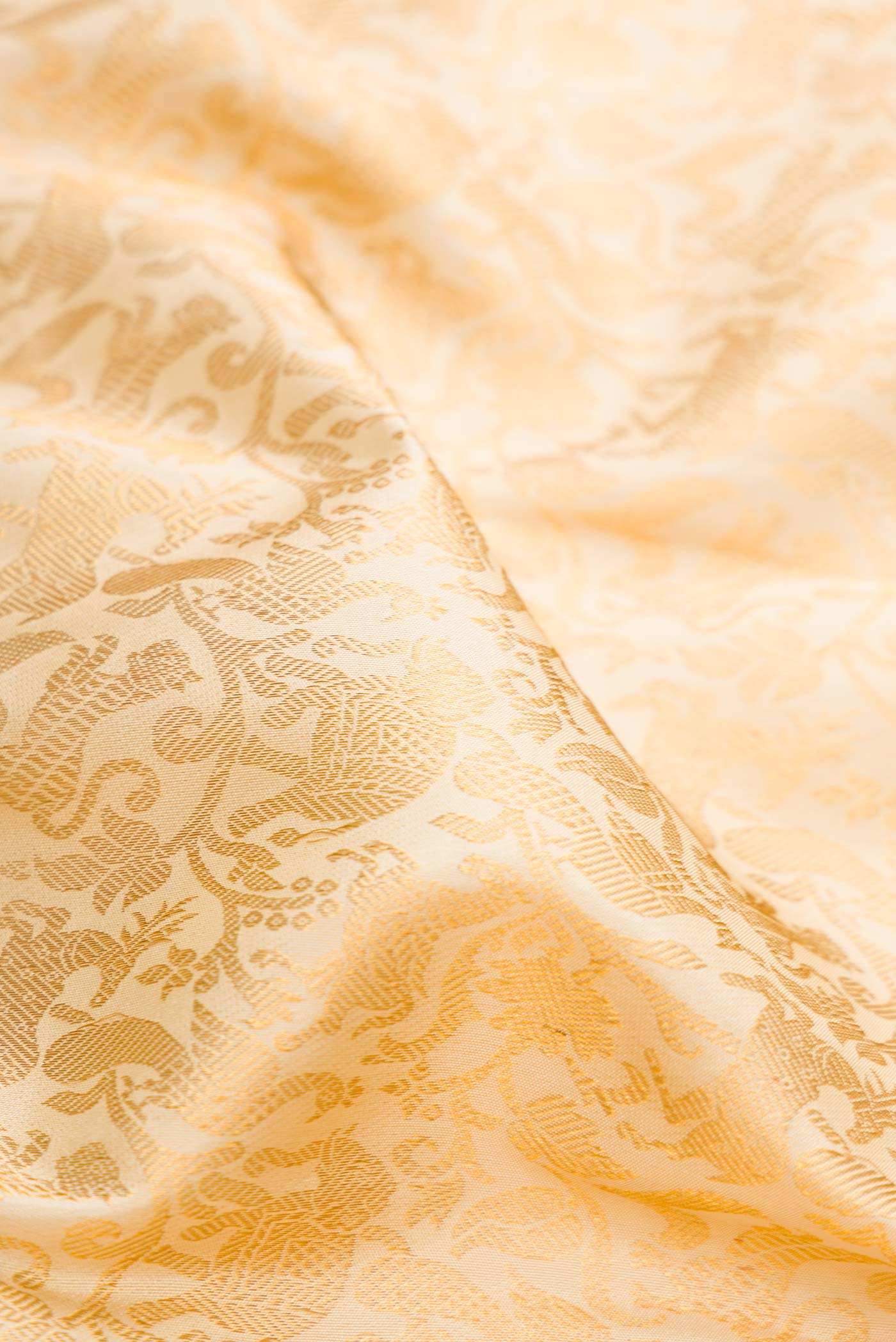 Close up of Beige Dual Tone Kanjivaram Silk Saree with Zari Brocade on the body and Zari Border.  displaying folds