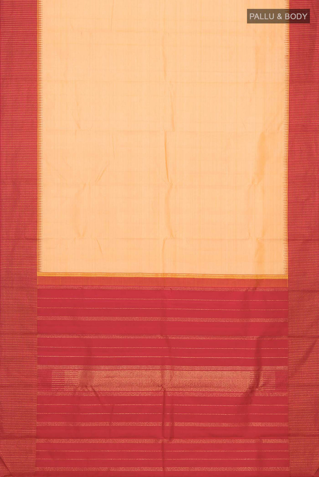 Flat view of Sandal Kanchipuram Silk Saree with Plain Body and Checks Border