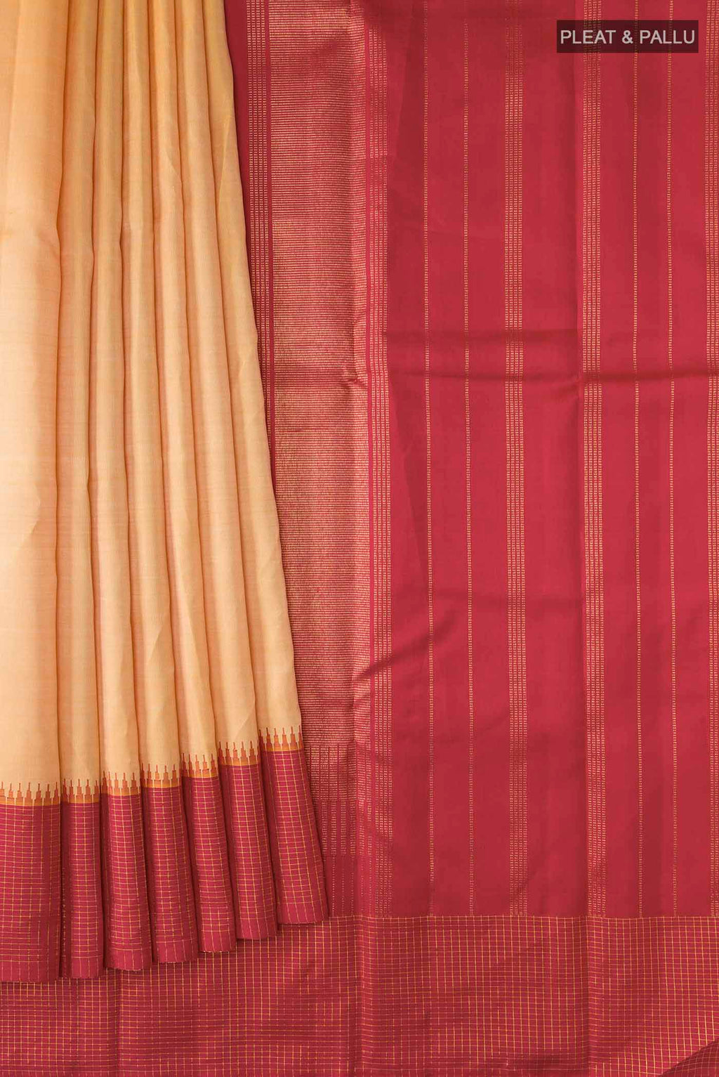 Pleats and pallu of Sandal Kanchipuram Silk Saree with Plain Body and Checks Border