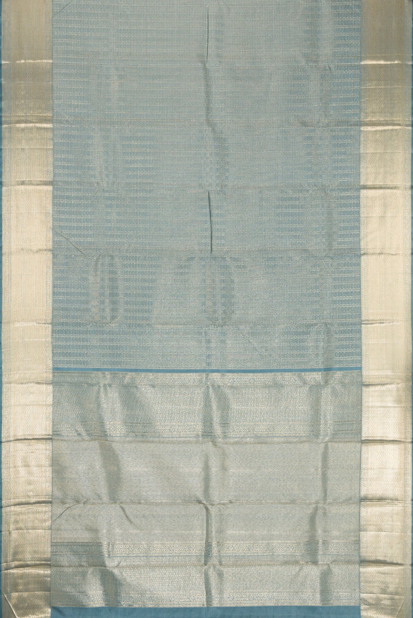 Flat view of Grey Dual Tone Kanchipuram Silk Saree with Zari Brocade on the body and Zari Border. 