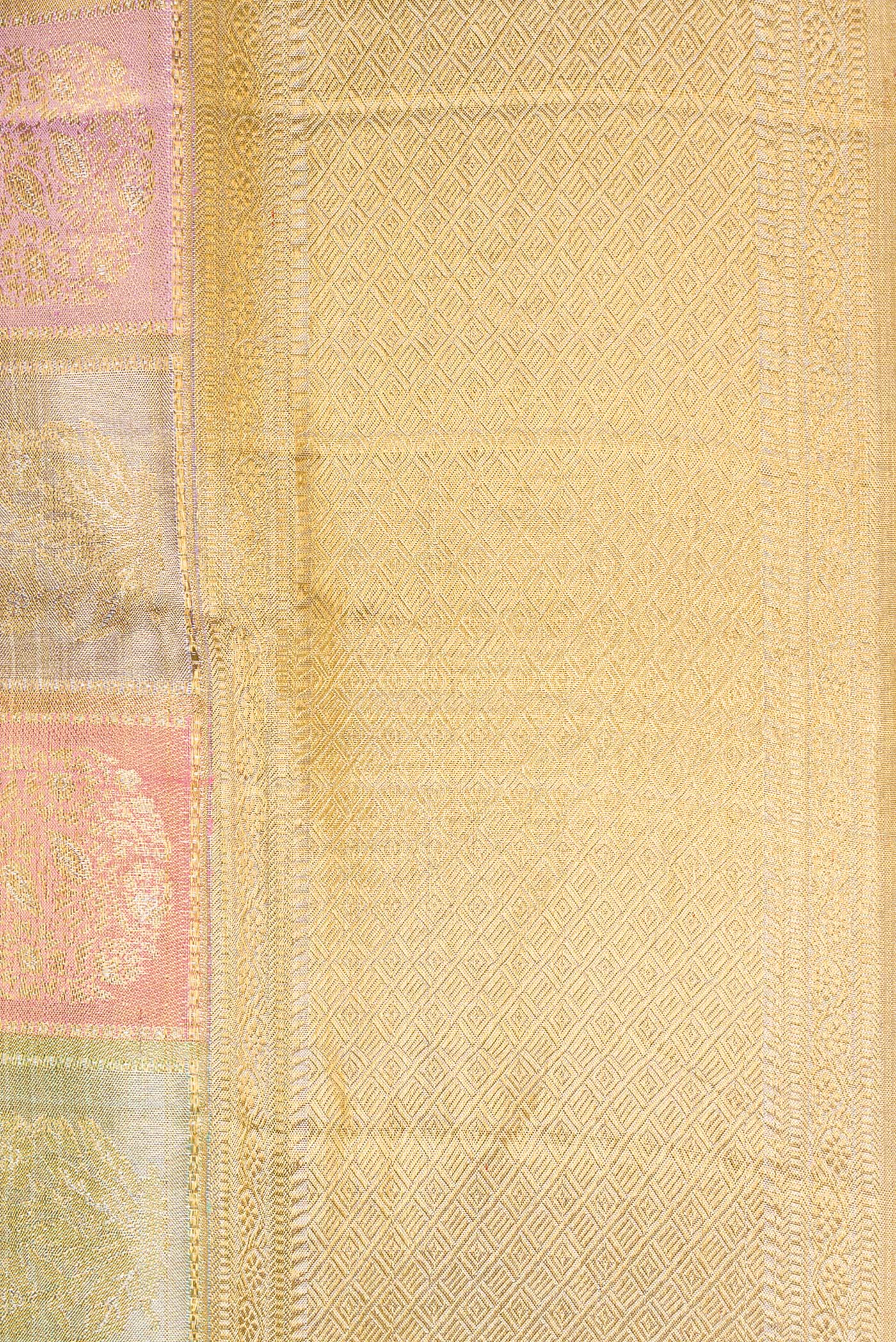 Border image of Gold, Pink and Green Color Kanjivaram Tissue Silk Saree with Zari Brocade on the body and Zari Border. 