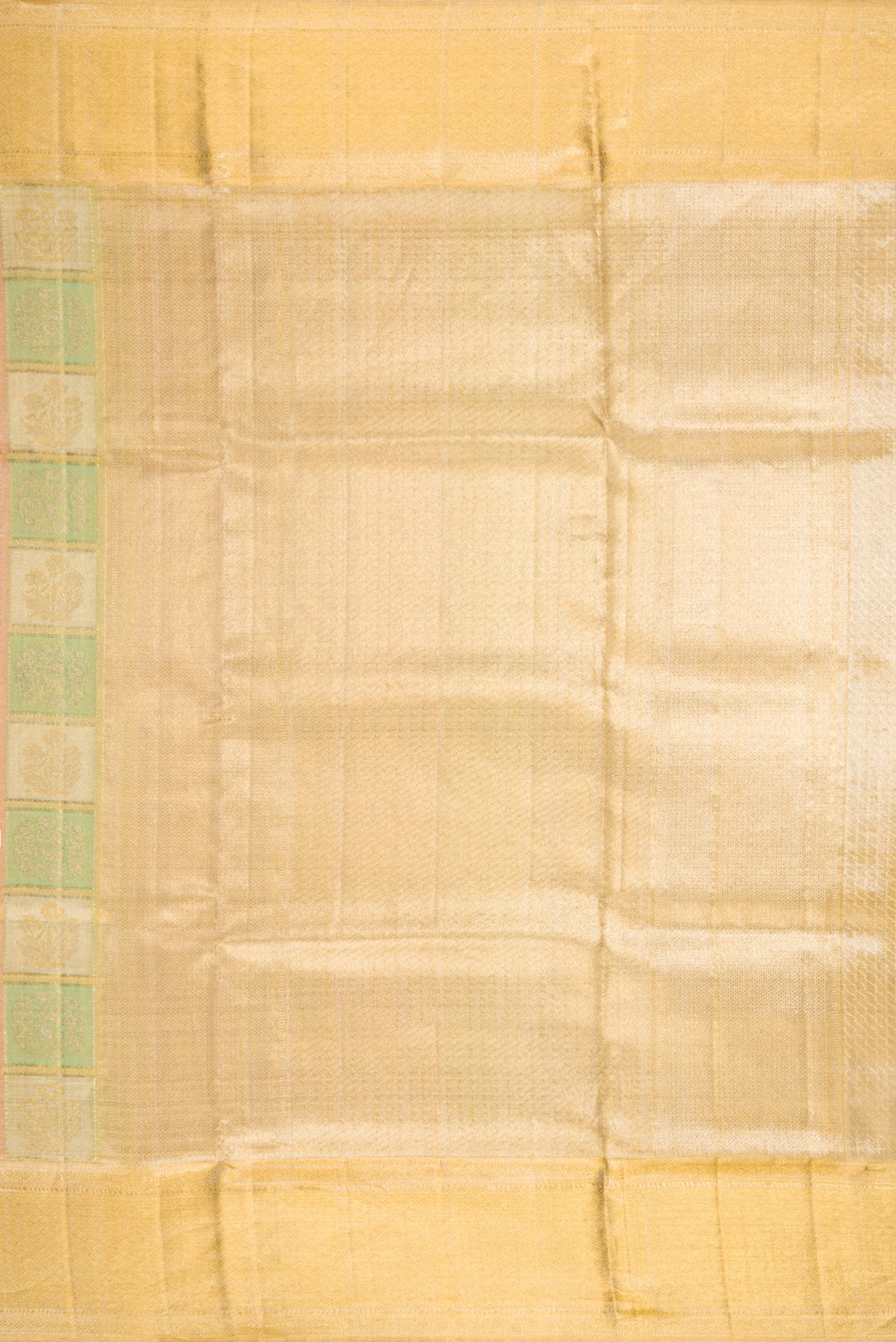 Close up image of the pallu of Gold, Pink and Green Color Kanjivaram Tissue Silk Saree with Zari Brocade on the body and Zari Border. 